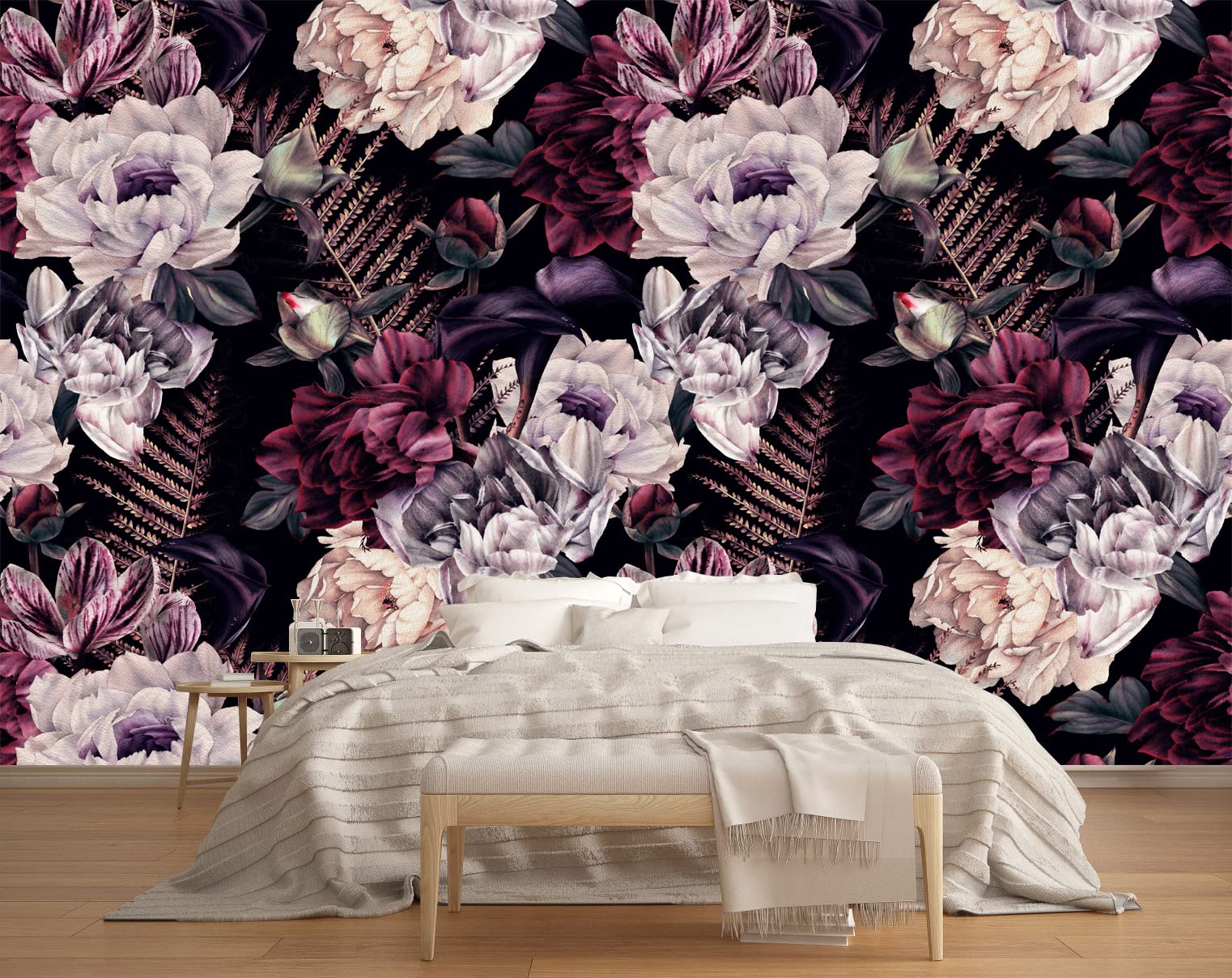 MFWFM Floral Wallpaper Watercolor Dark Peony Flowers Mural Wallpaper for Bedroom Living Room (Not Peel n Stick)