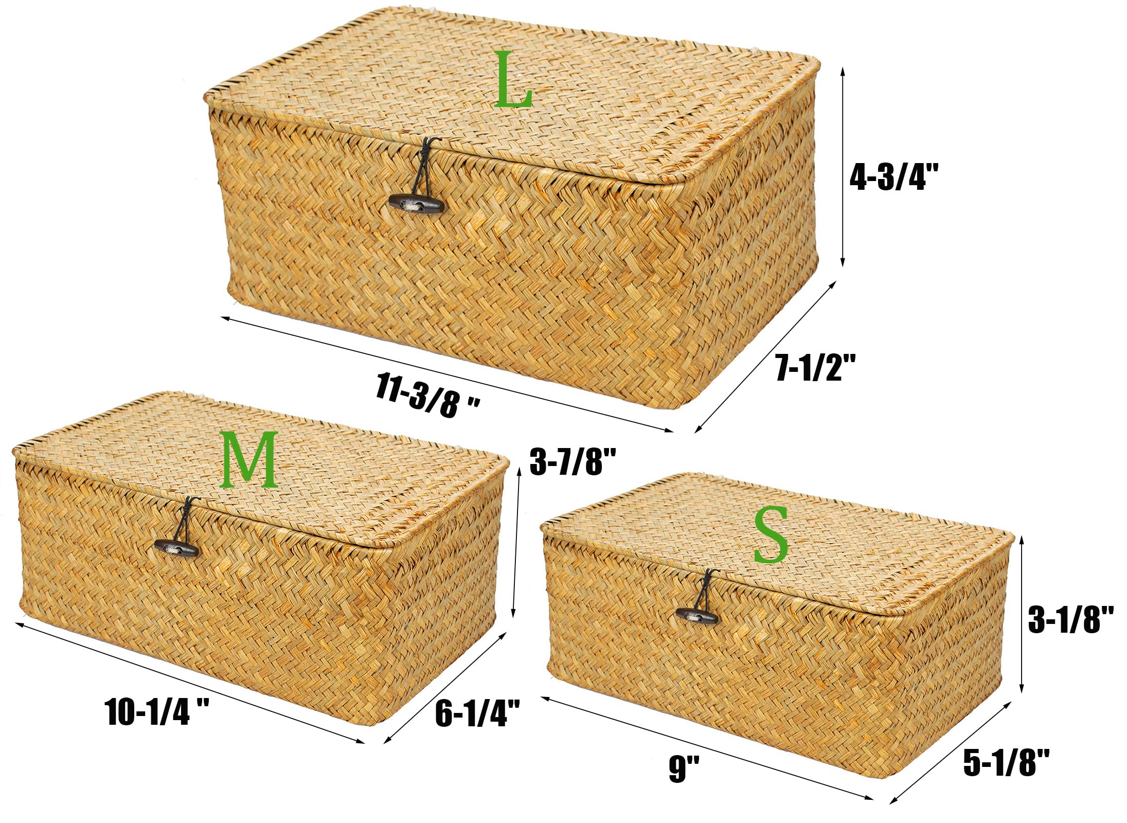 Yesland Shelf Baskets With Lid Set Of 3, Handwoven Seagrass Storage Bins Box Rectangular Seagrass Basket Storage Organizer Wicke