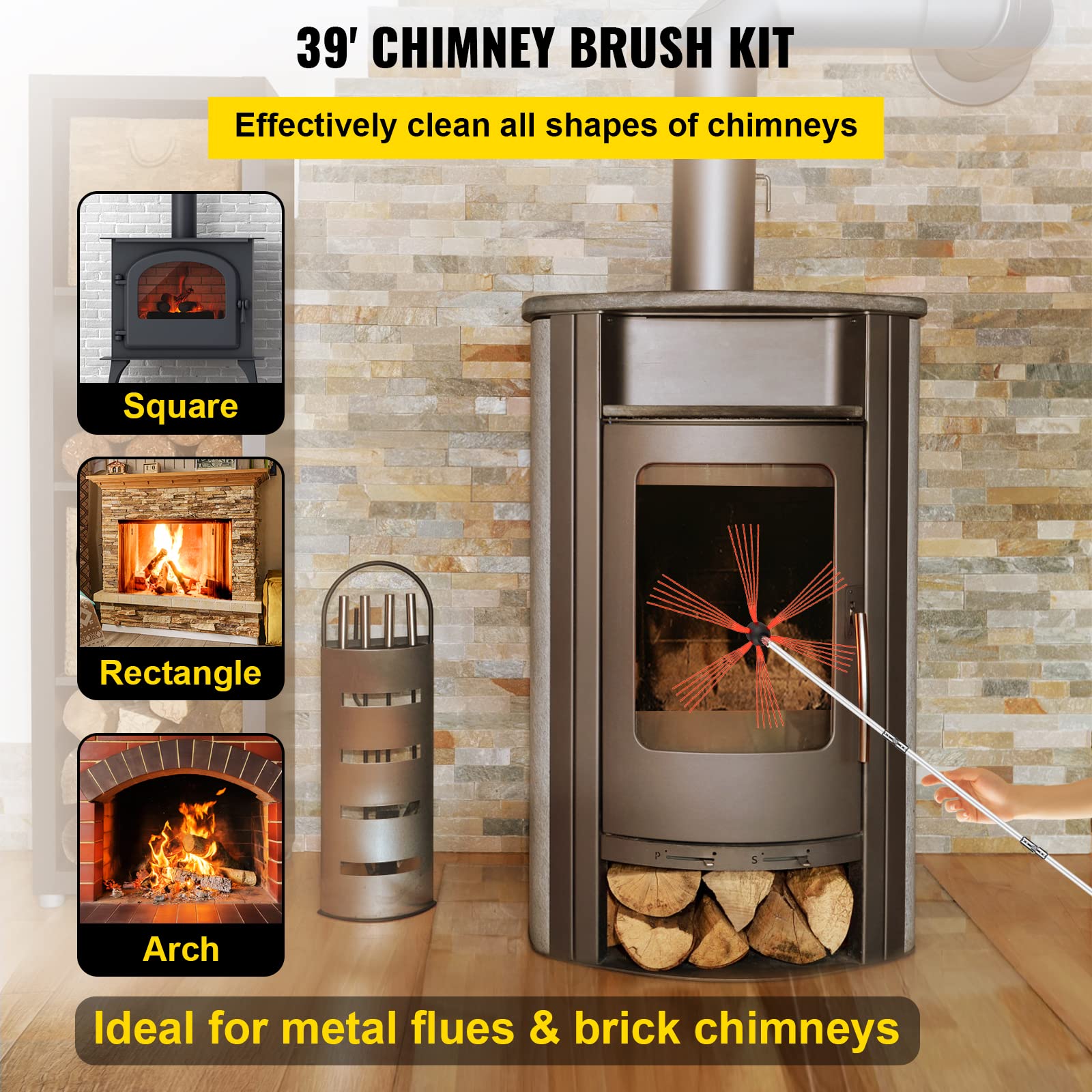 Vevor Chimney Sweep Kit 39Ft Length, Chimney Brush Kit With 12 Nylon Flexible Rods And 2 Brush Head, Rotary Chimney Cleaning Kit