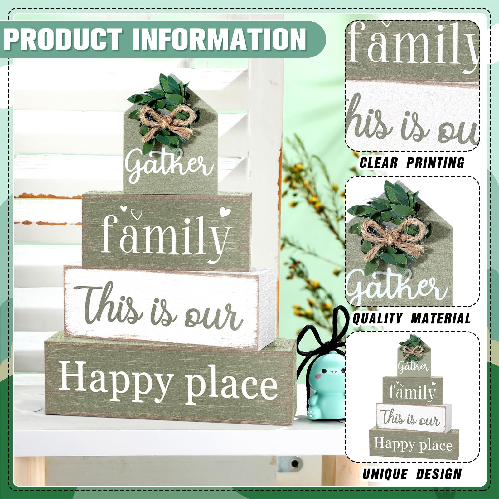 Cinnvoice Farmhouse Table Decor Eucalyptus Leaves Wooden Block Sign Gift Gather Family This Is Our Happy Place Tabletop Centerpi