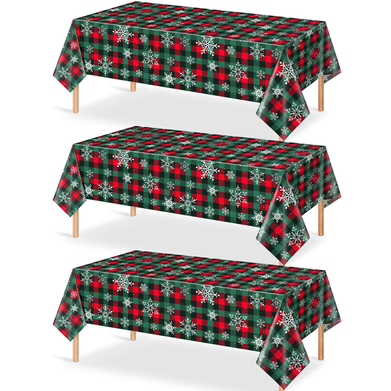 3Pcs Christmas Buffalo Plaid Snowflake Party Tablecloths Decorations,Plastic Red and Green Checkered Rectangle Table Cover for W