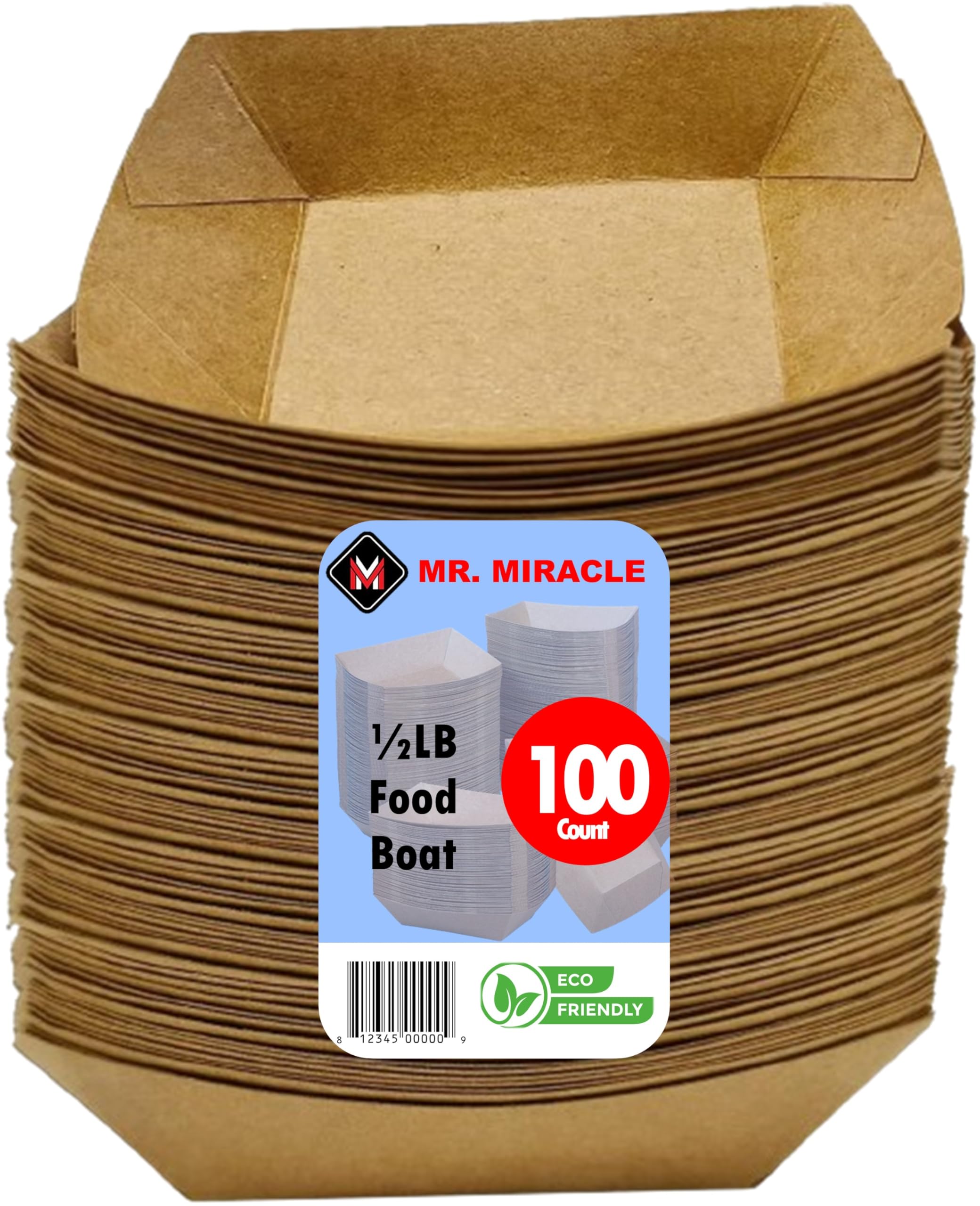 Mr Miracle Kraft Paper Food Tray. 1/2 LB. (100 Pack). Disposable  Recyclable and Fully Biodegradable. Small Concession Food Boats  Made in USA