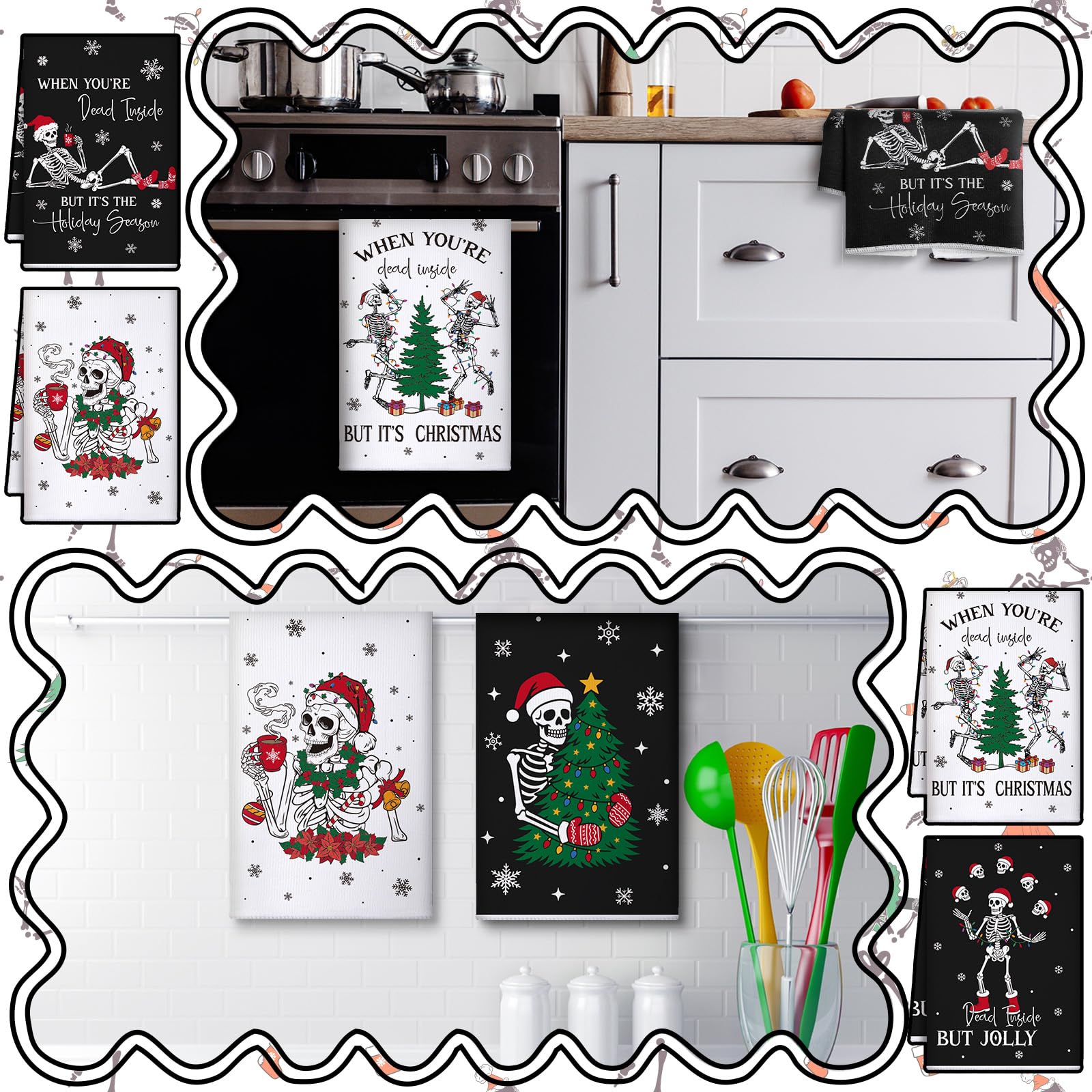 Bencailor 6 Pcs Christmas Skull Kitchen Towels Gothic Spooky Christmas Dish Hand Towels Funny Skeleton Xmas Tree Tea Washcloth f