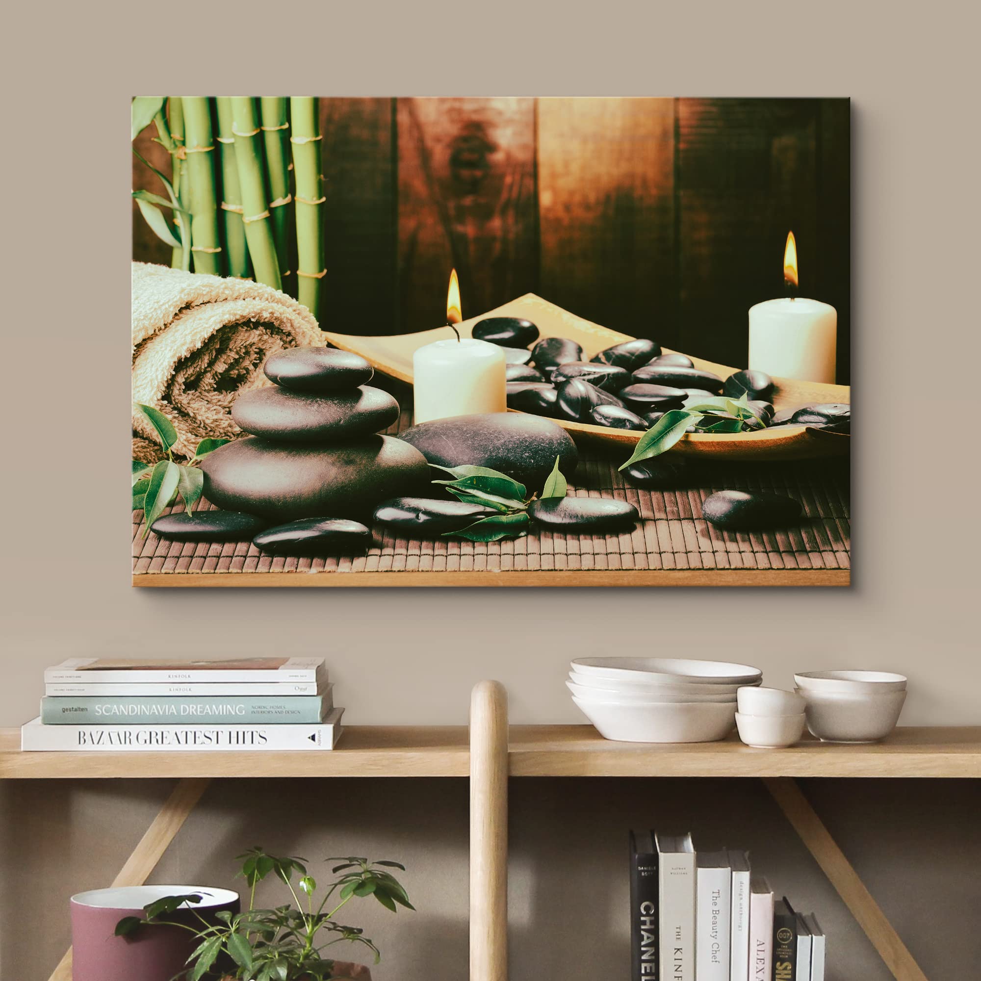 Wall26 Canvas Print Wall Art Meditation Yoga Towel Bamboo Massage Stones Nature Wilderness Photography Realism Rustic Landscape