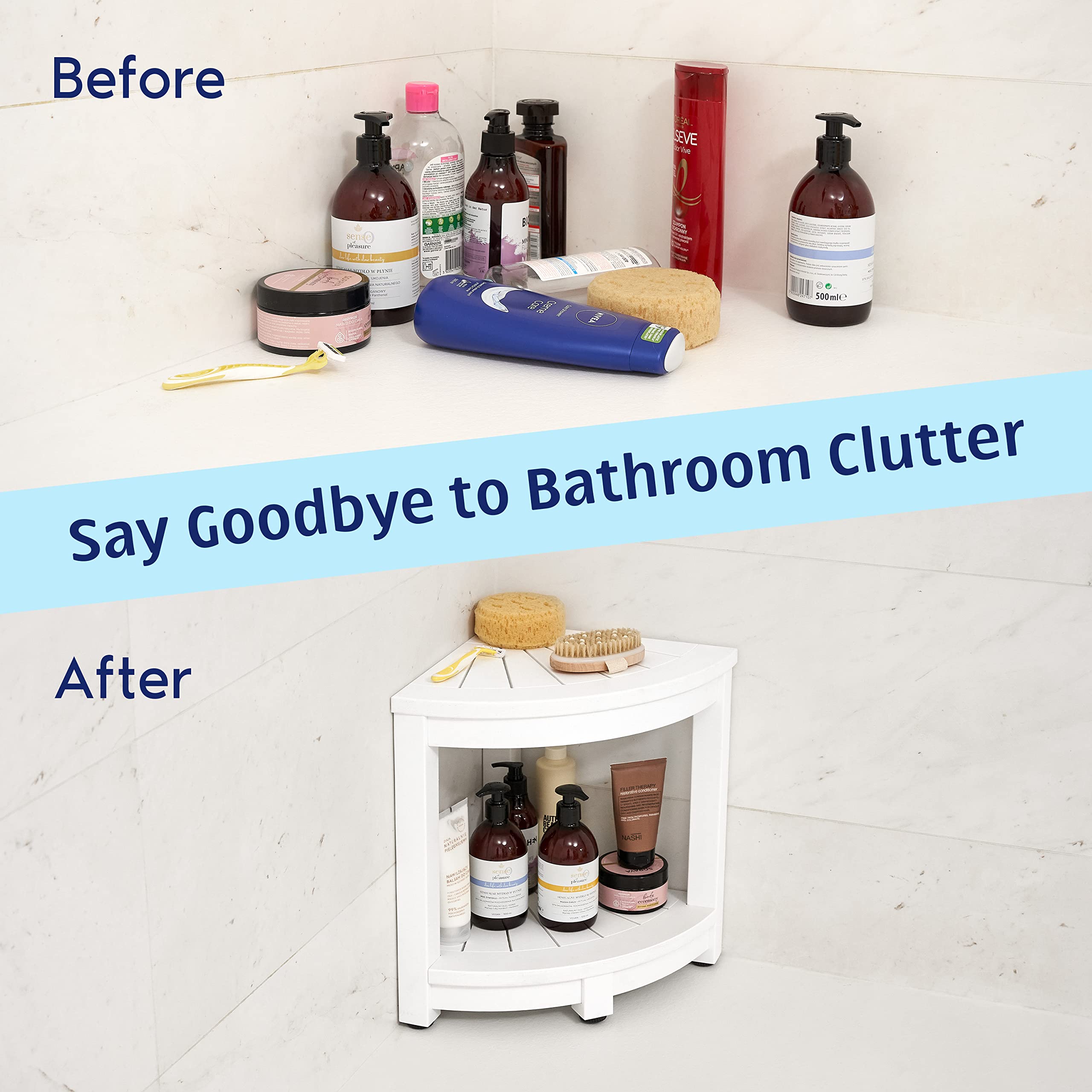 ROHKEX No-Maintenance Corner Shower Stool for Shaving Legs - Heavy-Duty Waterproof Bathroom Bench with Rubber Feet  Storage Shelf - Sustainable & Versatile for Indoor & Outdoor Use