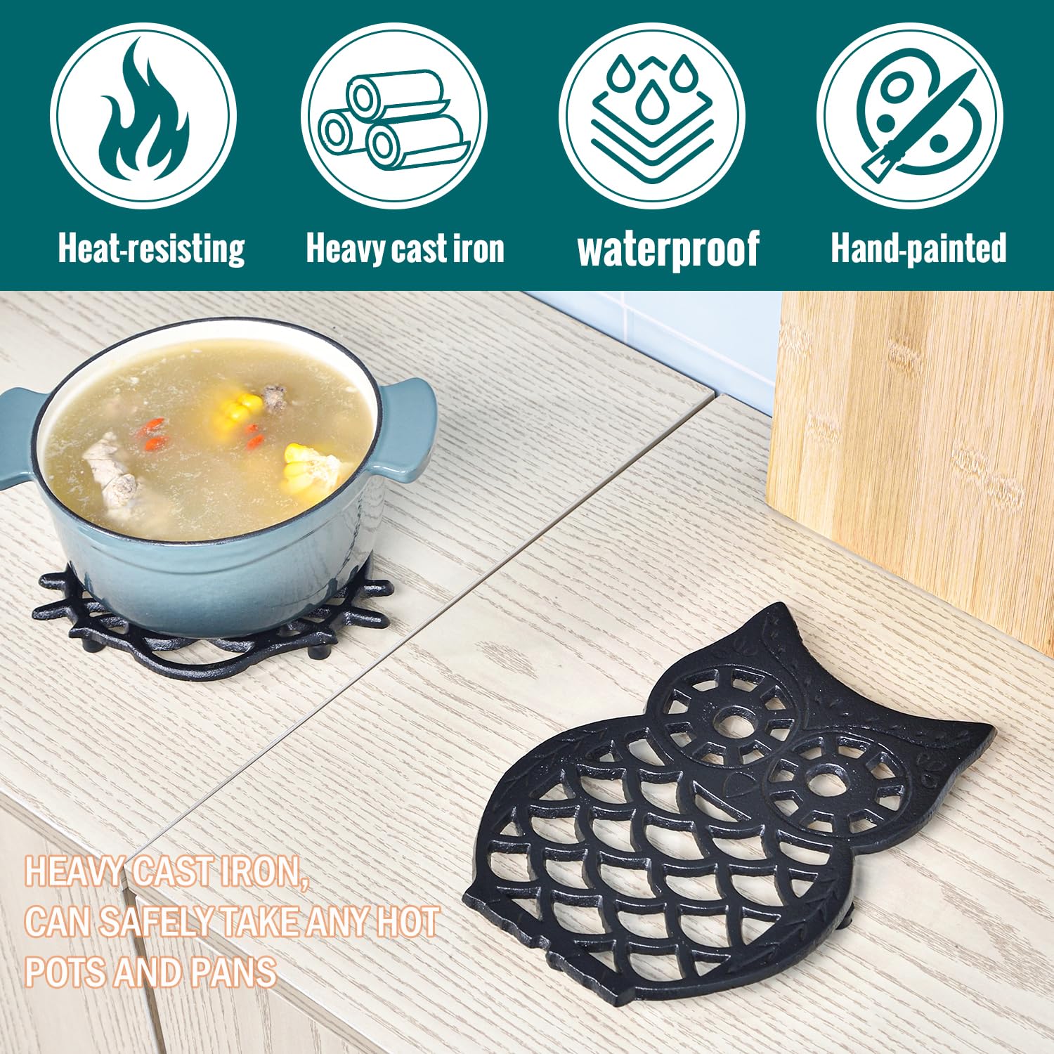 Sungmor Heavy Duty Cast Iron Trivet - Rustproof Lovely Owl Shaped Black Trivet - Decorative Large Metal Trivet Stands Holder For