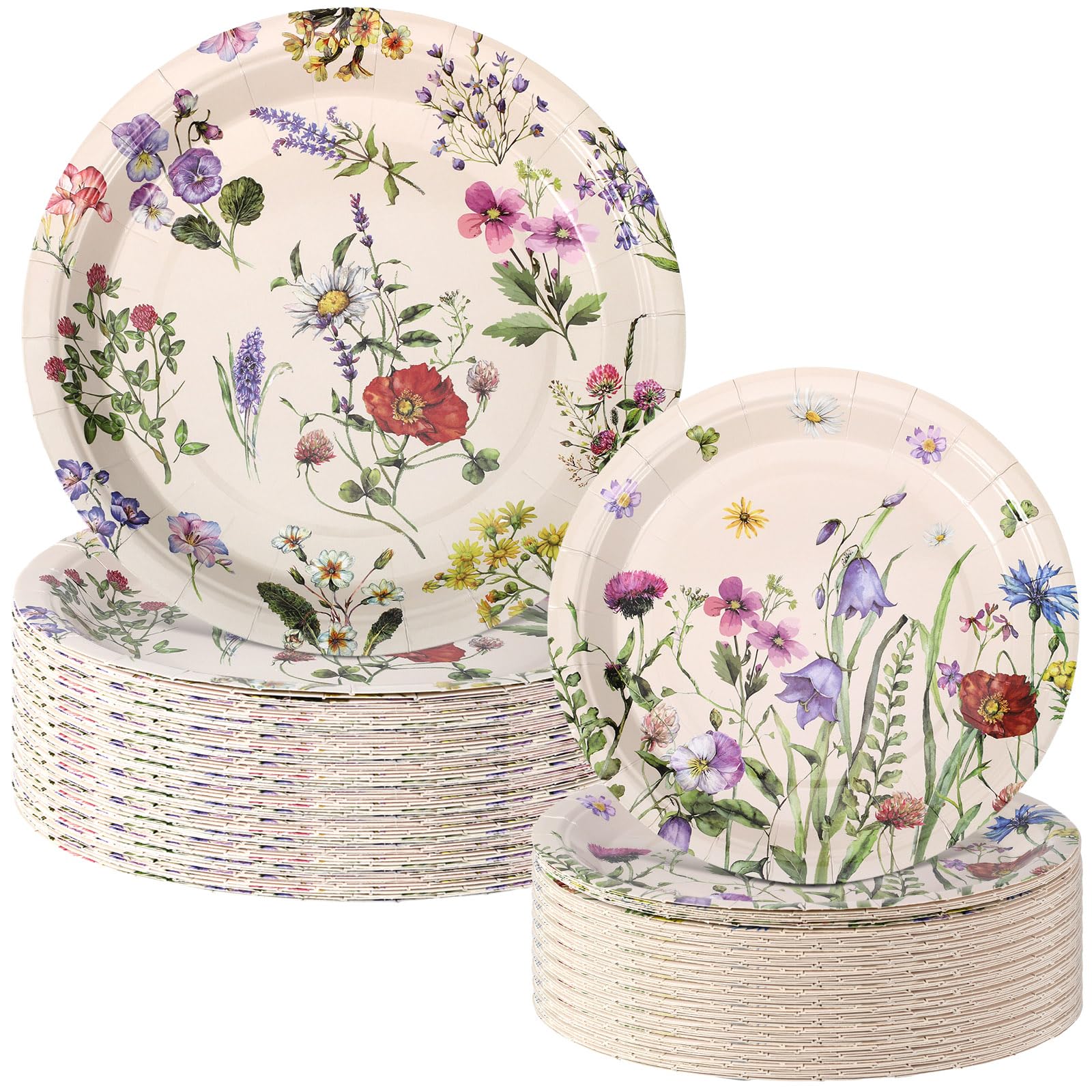 Mumufy 100 Pack Floral Paper Plates 9 & 7 Disposable Wildflower Dessert Plates Dinner Tableware Floral Party Decoration for East