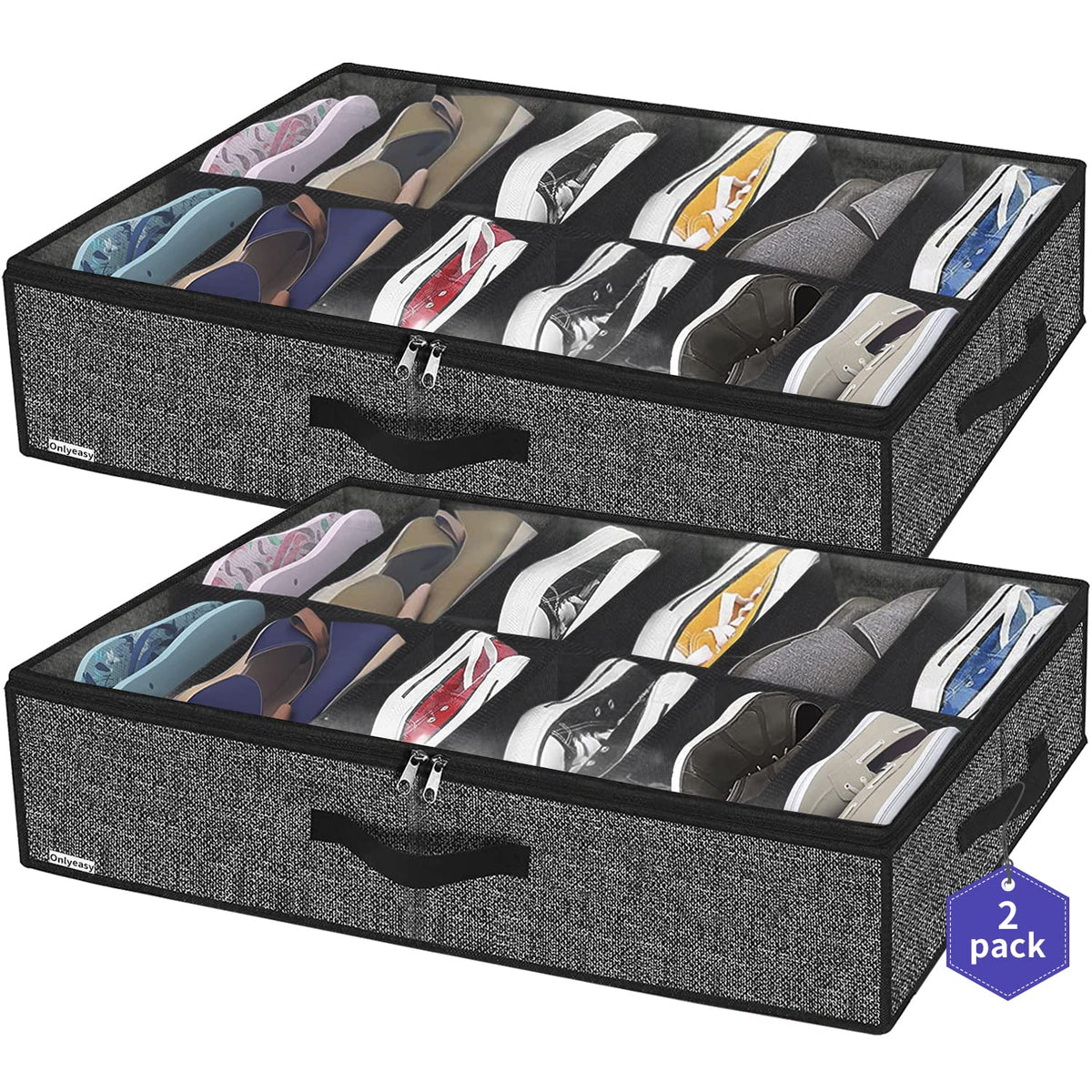 Onlyeasy Sturdy Under Bed Shoe Storage Organizer, Set of 2, Fits Total 24 Pairs, Underbed Shoes Closet Storage Solution with Cle