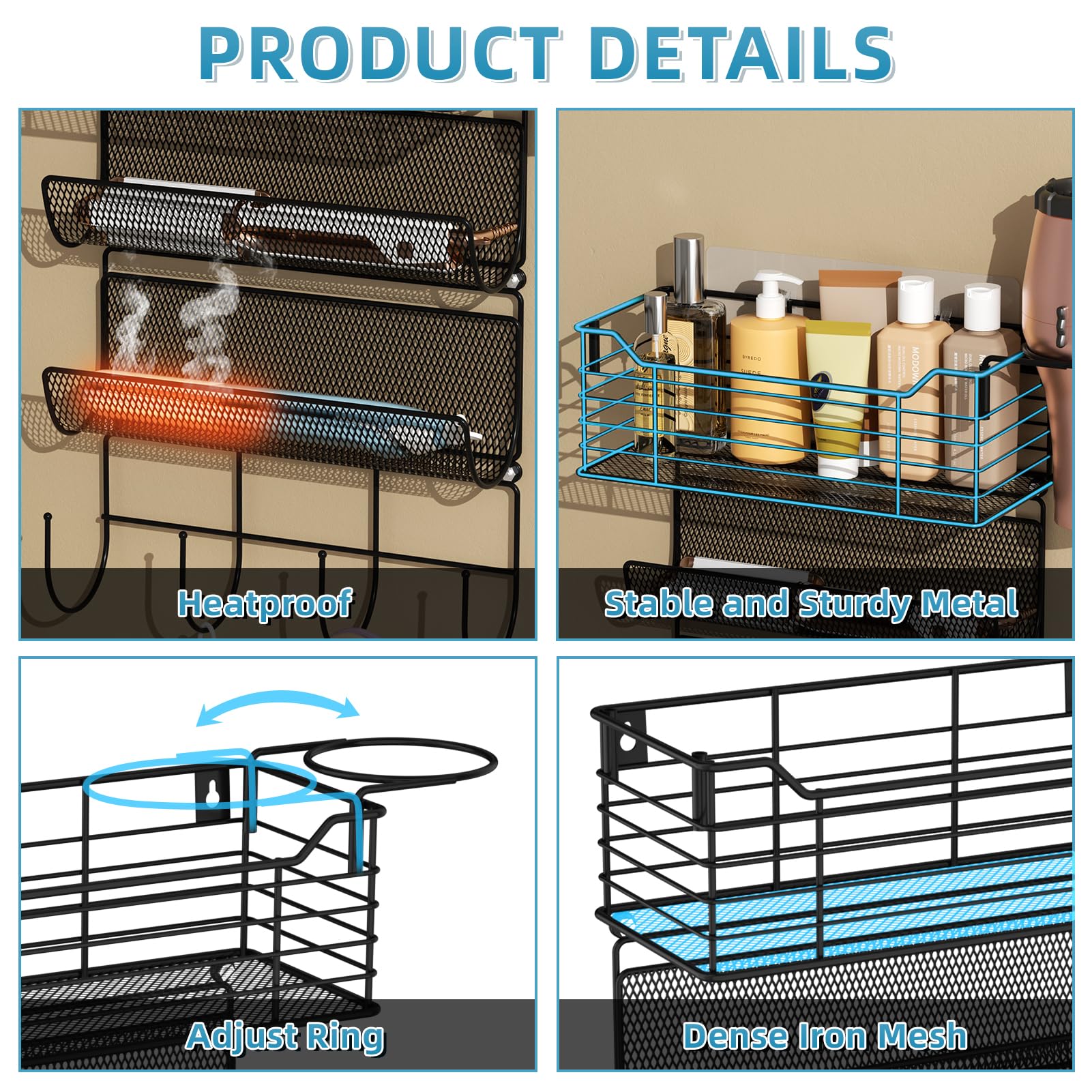 Vitviti Metal Hair Tool Organizer Wall Mount, Hair Dryer Holder With 3 Tier Shelf Basket Hooks, Bathroom Hair Styling Tool Organ