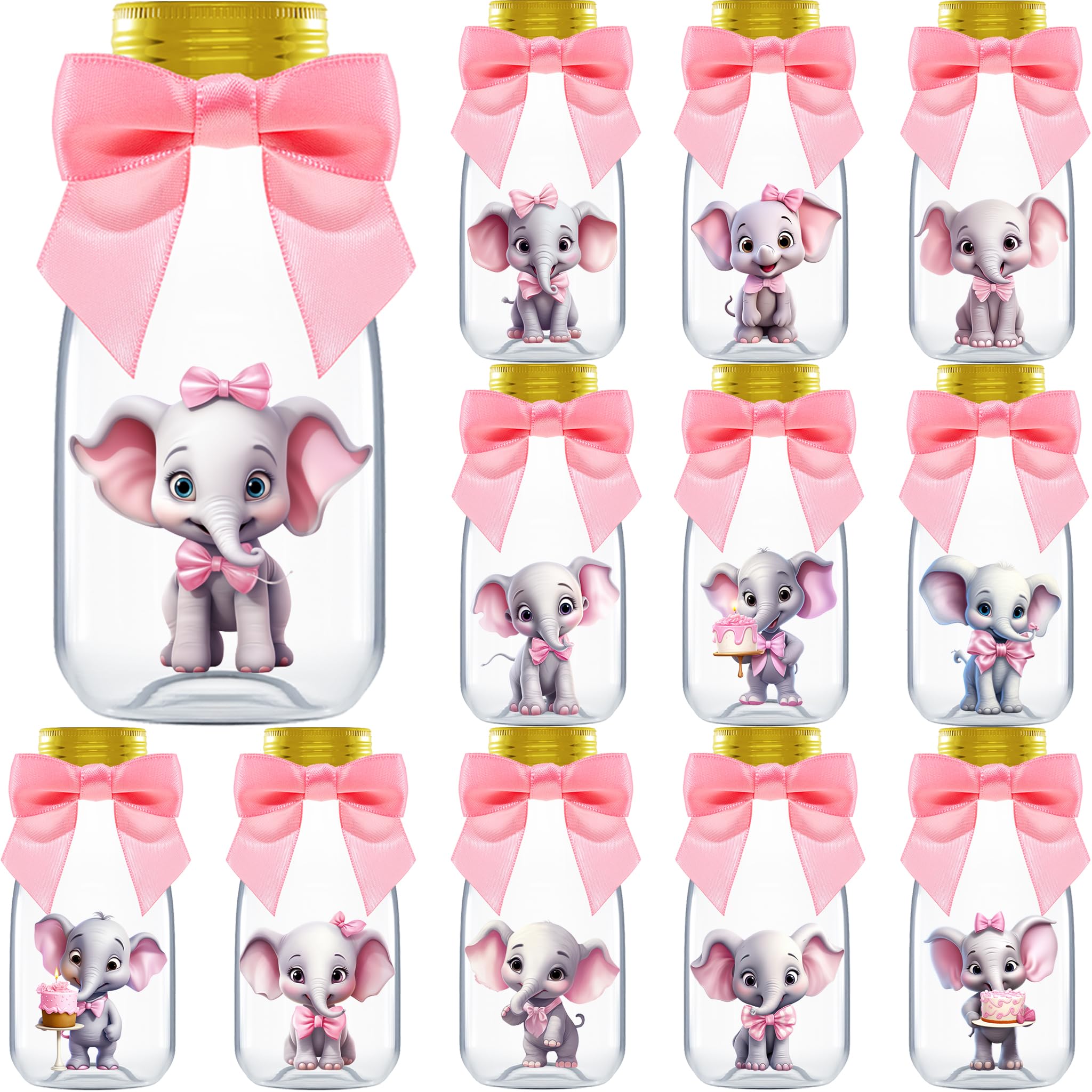 Ethisa Small 12 Pack Pink Elephant Party Favors - Candy Jars with Ribbons and Stickers - DIY Party Decoration Bottles for Baby S