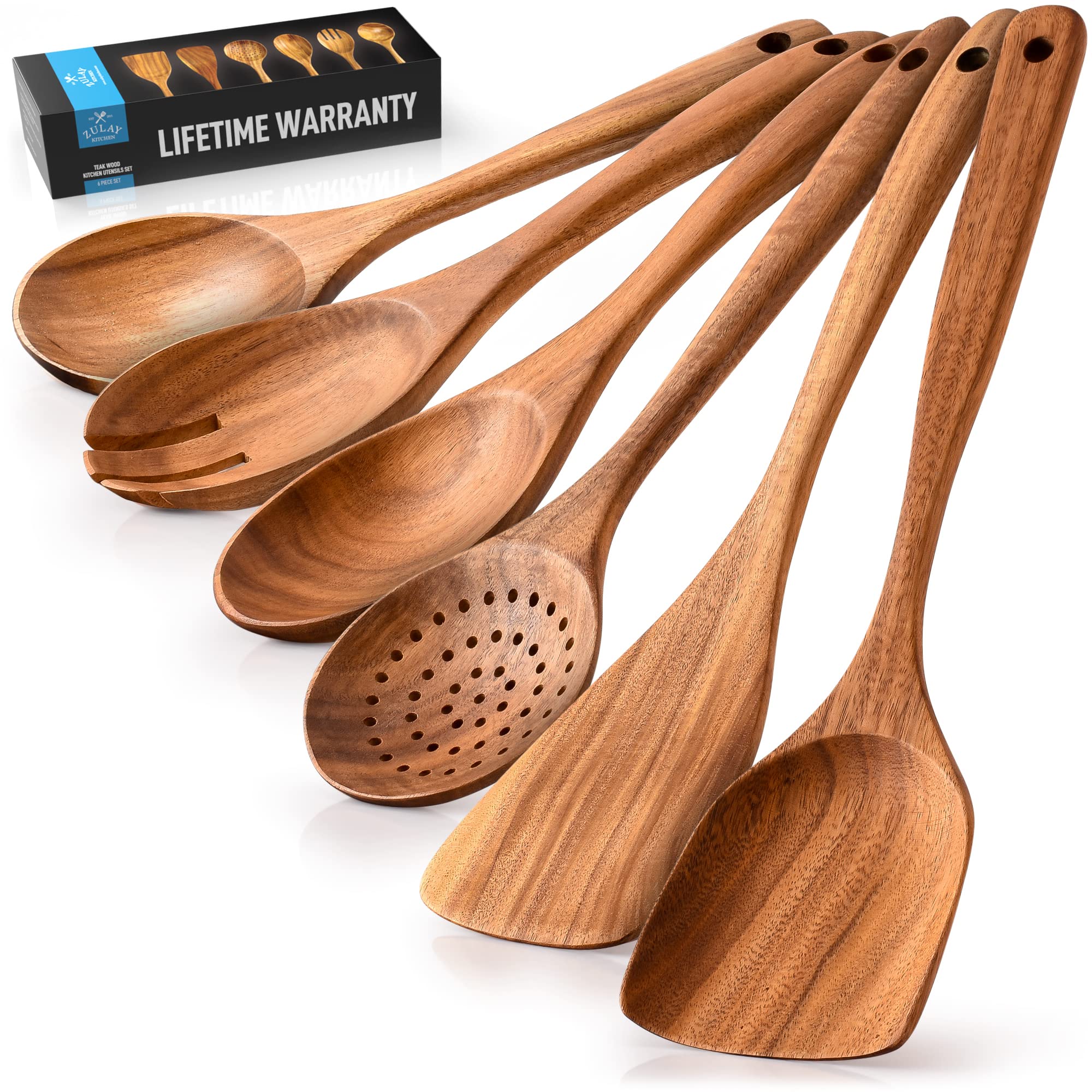 Zulay Kitchen 6-Piece Wooden Spoons For Cooking - Smooth Finish Teak Wooden Utensils For Cooking - Soft Comfort-Grip Wood Spoons
