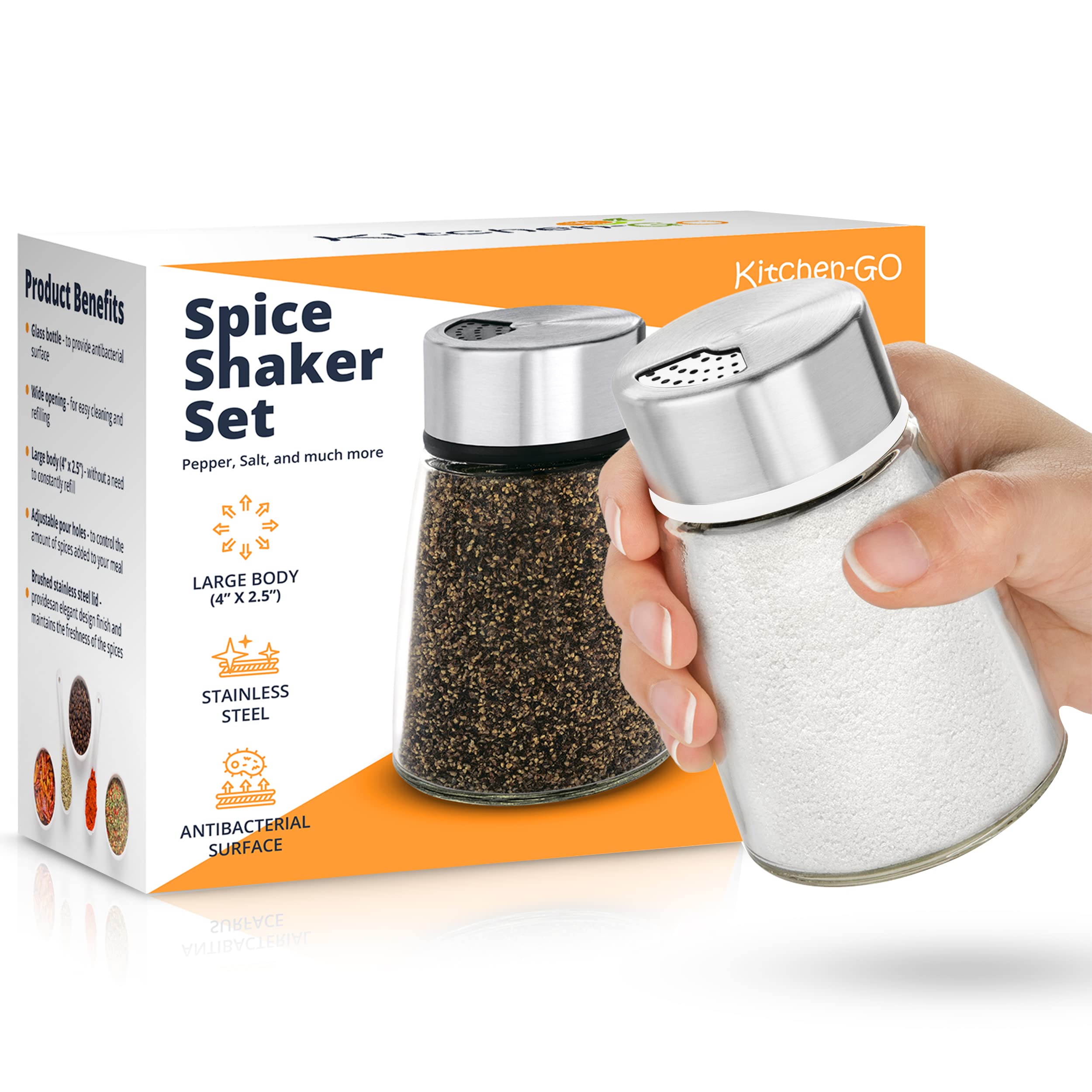 Salt And Pepper Shakers Set With Adjustable Pour Holes - Stainless Steel Spice Dispenser - Perfect For Pink Himalayan, Table Sal