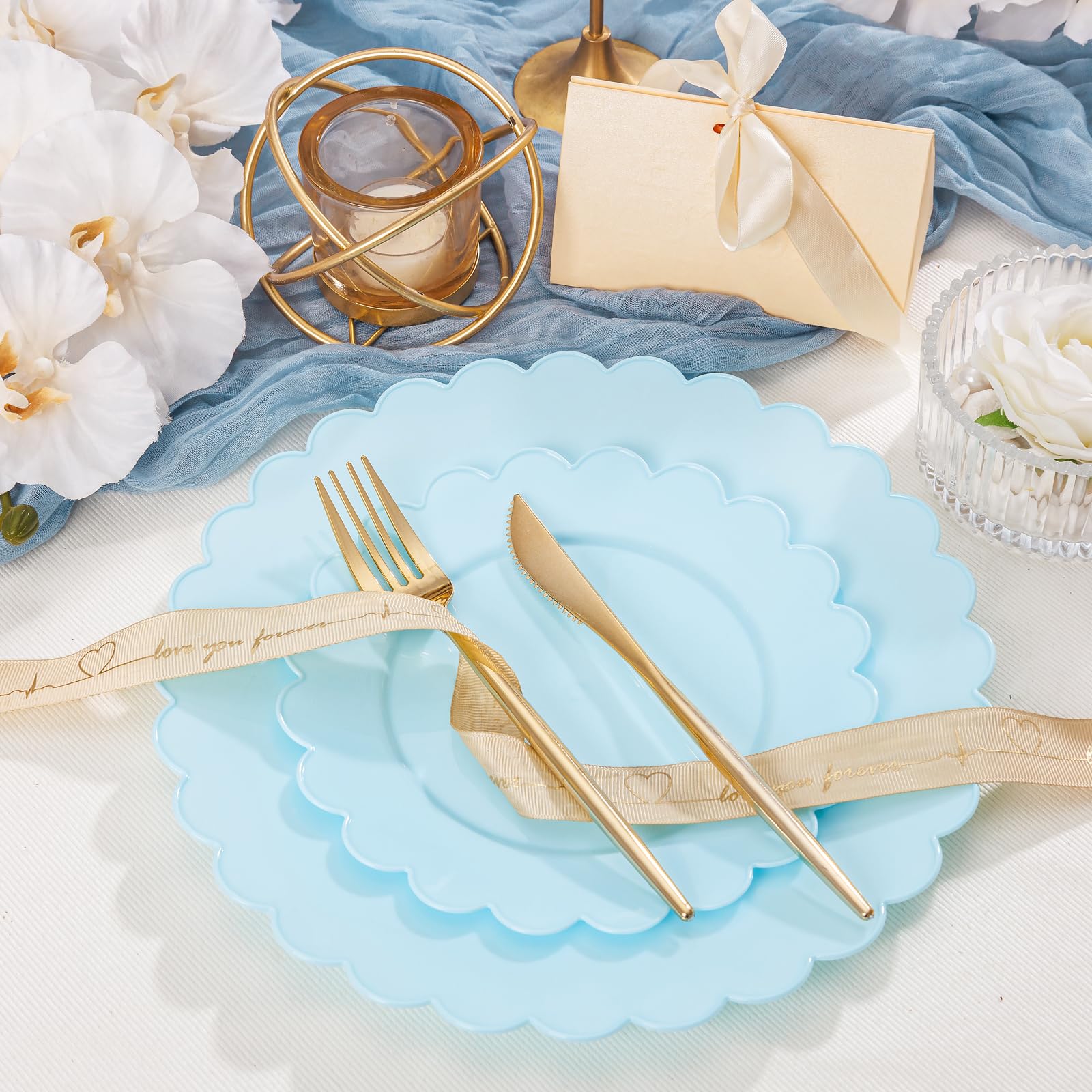 supernal 100pcs Blue Scalloped Plastic Plates-Blue Disposable Plates Heavy Duty-Disposable Plate Set for Party Wedding-Include 5