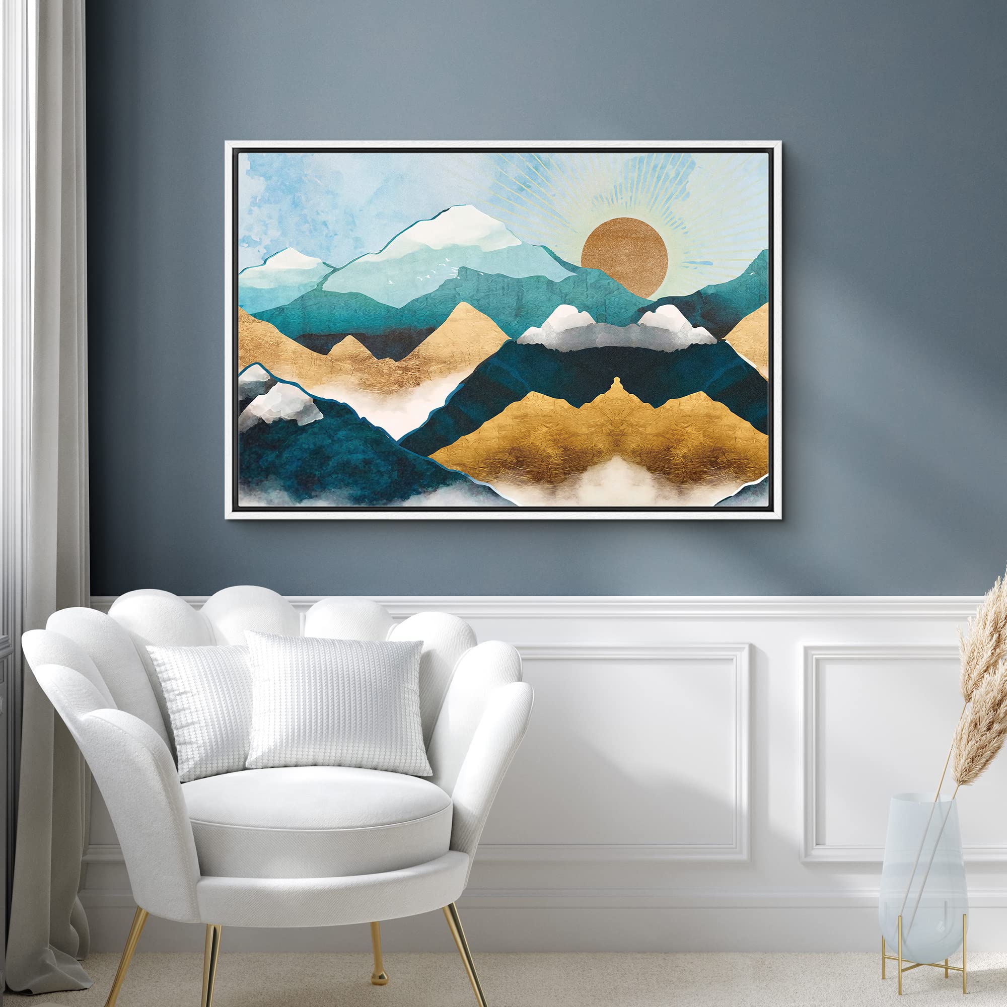 Signford Framed Canvas Print Wall Art Gold Teal Marble Sun Mountain Range Nature Wilderness Illustrations Modern Art Rustic Zen