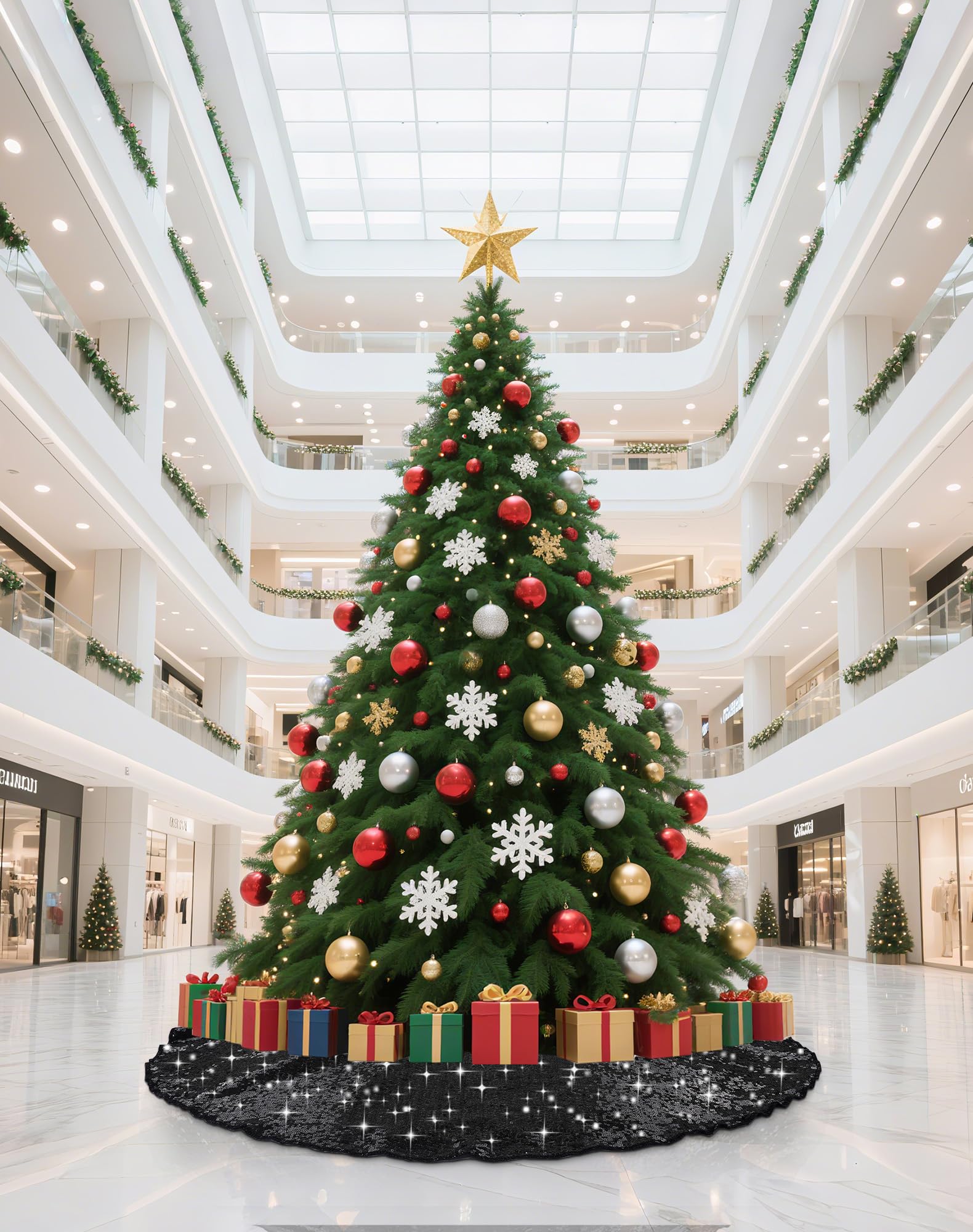 SquarePie Christmas Sequin Tree Skirt Glitter Halloween Decoration 24 Inch Black Thick Satin Backing