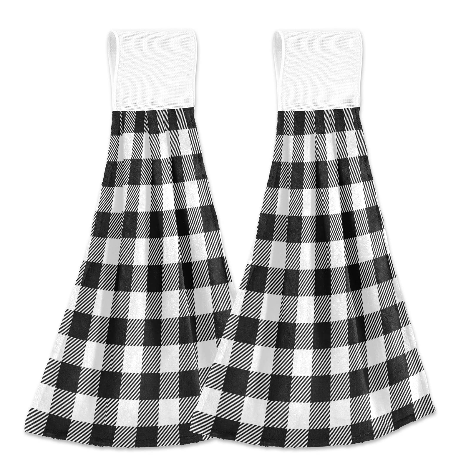 Oarencol Black And White Buffalo Check Plaid Kitchen Hand Towel Absorbent Hanging Tie Towels With Loop For Bathroom 2 Pcs