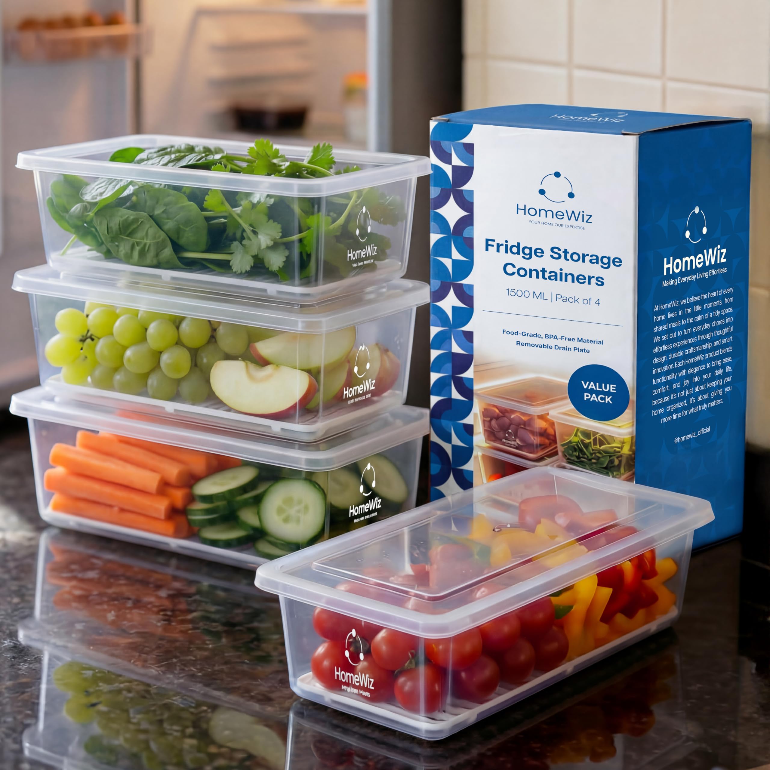 Homewiz Fridge Storage Containers (Pack Of 4) 1500Ml Each | With Lids & Removable Drain Plate | Stackable Fridge Organizer For F