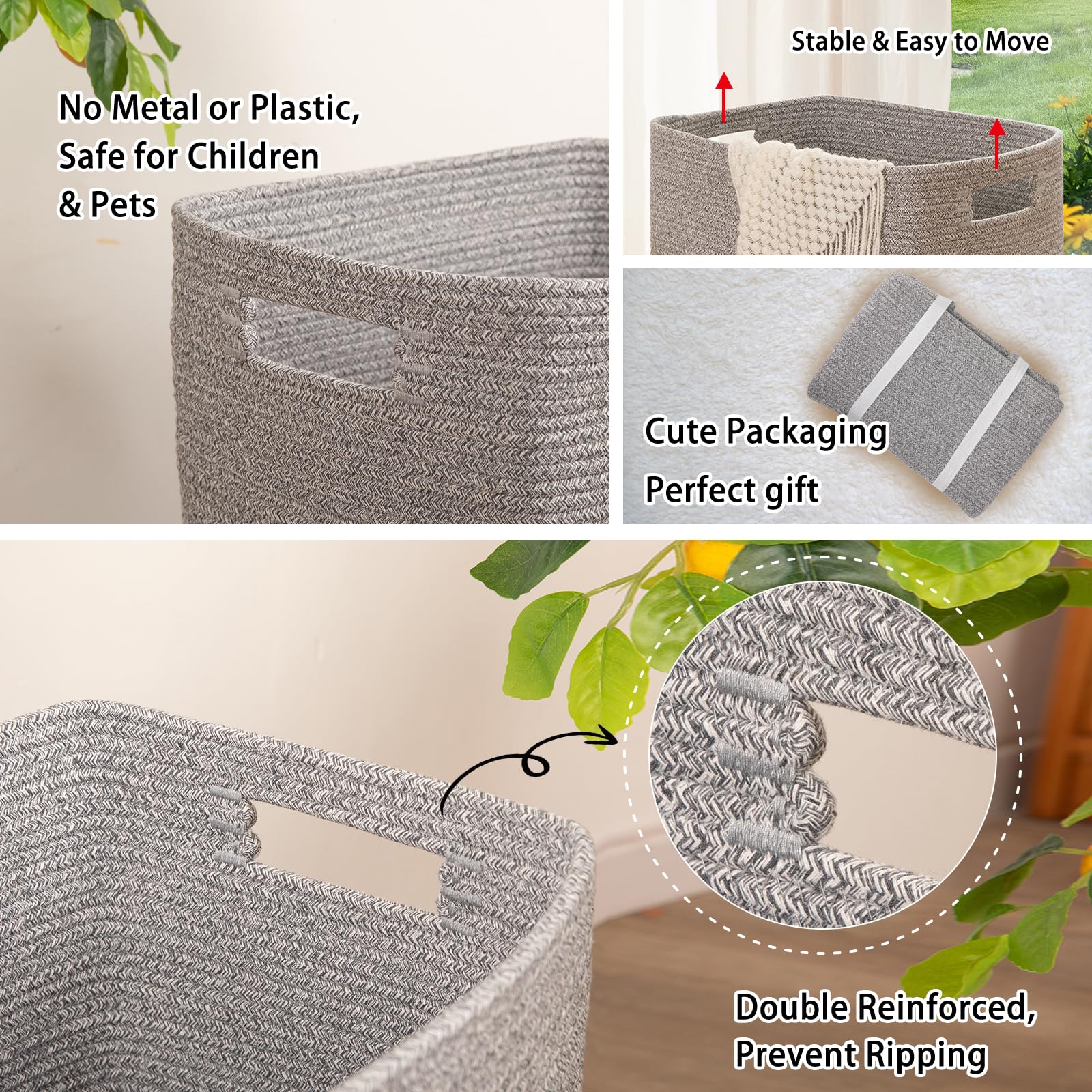 Oiahomy Laundry Hamper, Laundry Basket,Rectangle Cotton Storage Basket With Handles, Large Blanket Basket For Living Room, Woven