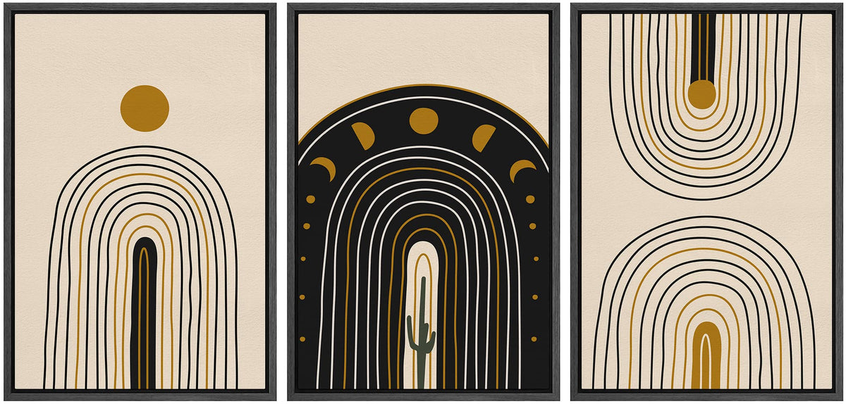 Idea4Wall Framed Canvas Print Wall Art Set Mid-Century Moon Geometric Landscape Abstract Shapes Illustration Modern Art Decorati