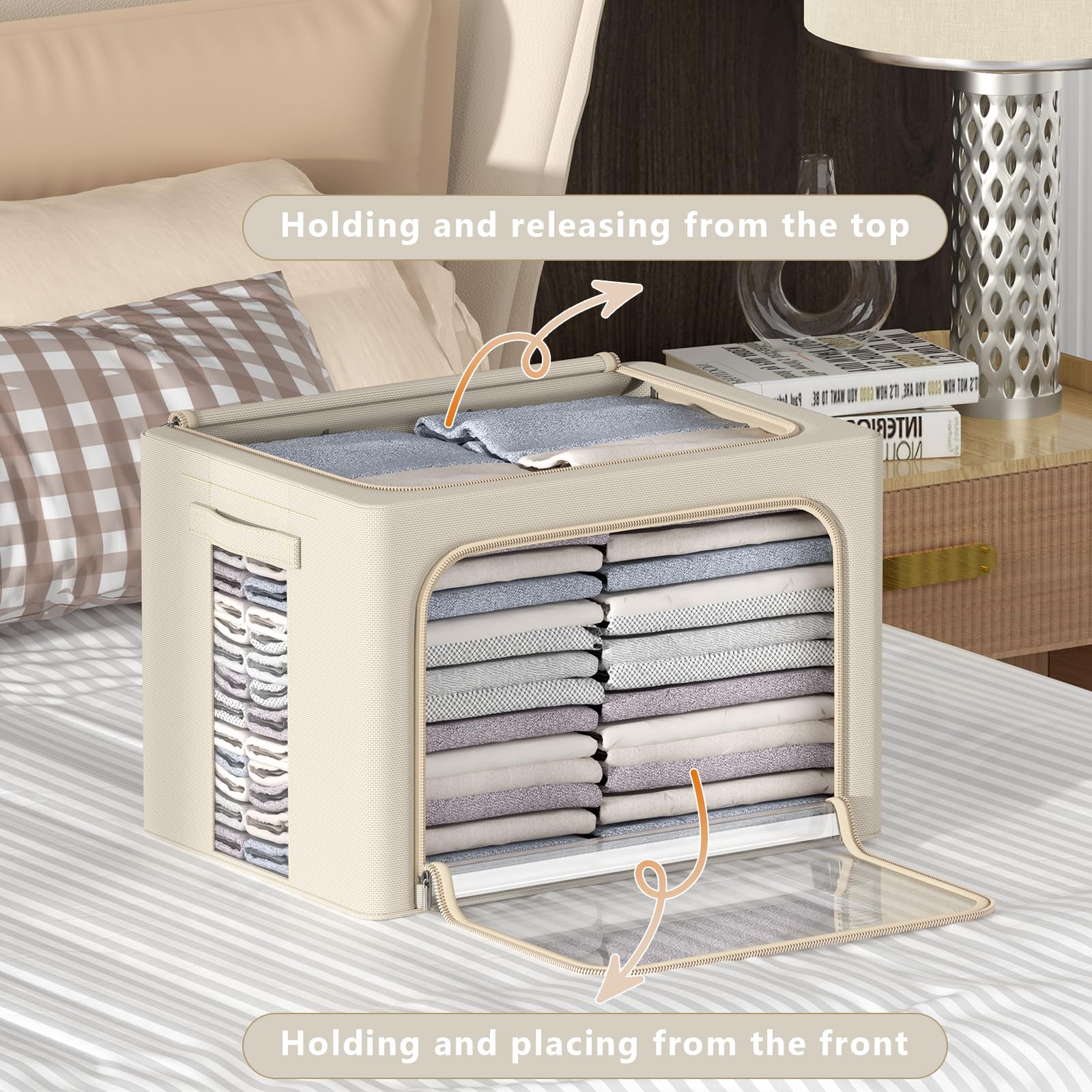 3Pack Frame Storage Box - Clothes Storage Bin Bags Oxford Fabric Foldable Stackable Container Organizer Set with Clear Window &