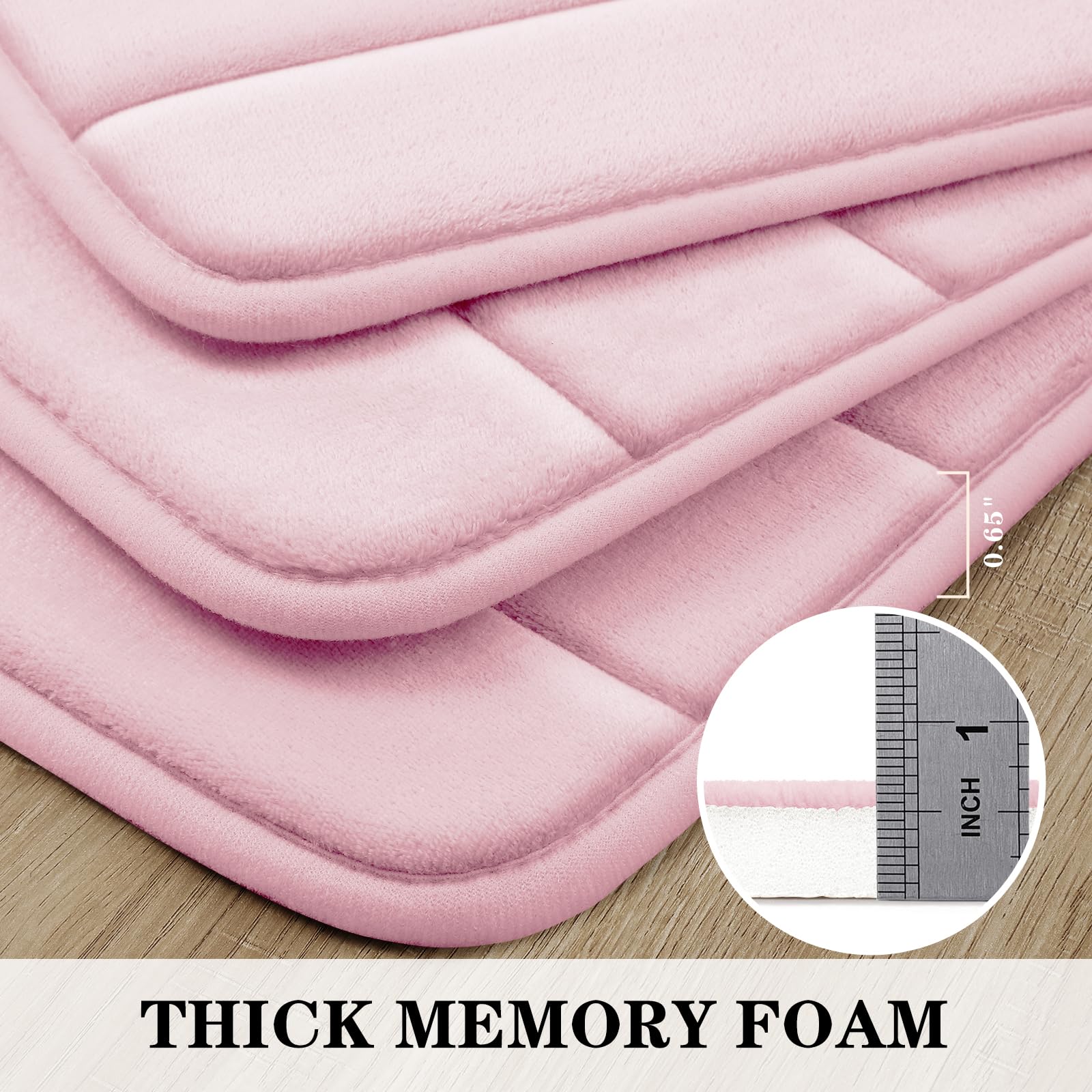 Bysure Pink Memory Foam Bathroom Rug Set 3 Piece, Non Slip Extra Soft Absorbent Bath Mats, Machine Washable & Dry Toilet Mat Set