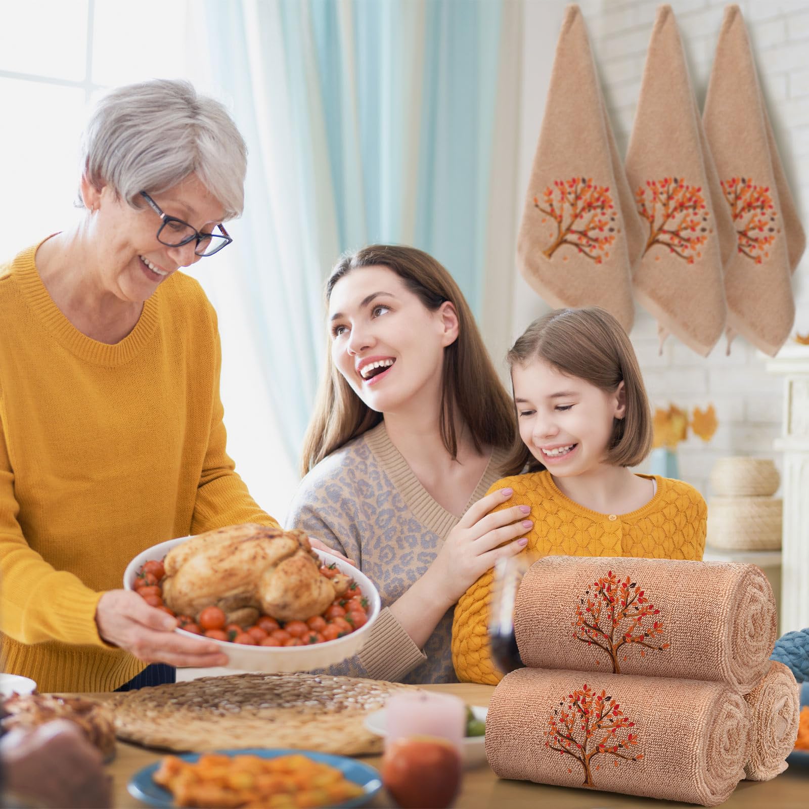 Fanfanwin 3 Pcs Thanksgiving Hand Towels for Bathroom 13.8 x 29.5 Inch Fall Decorative Bath Towels Sets 100% Cotton Embroidered