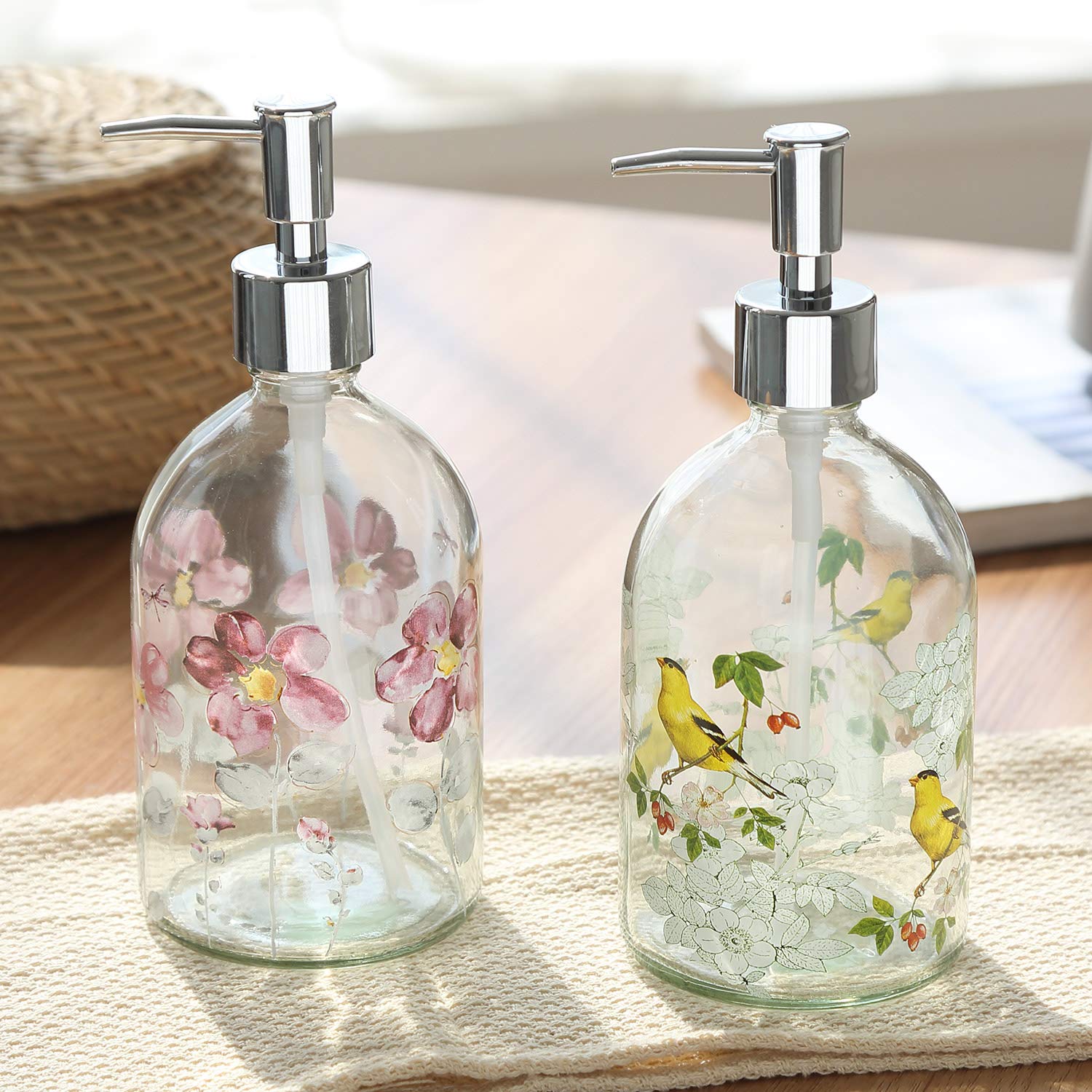 17Oz Flower Glass Soap Dispenser Bottle With Plastic Pump,Set Of 2