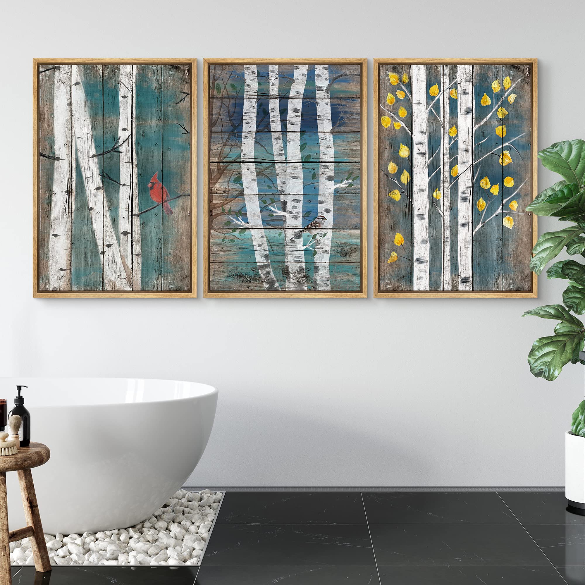 Signwin 3 Piece Framed Canvas Wall Art Wild Flowers On Wood Background Canvas Prints Home Artwork Decoration For Living Room,Bed