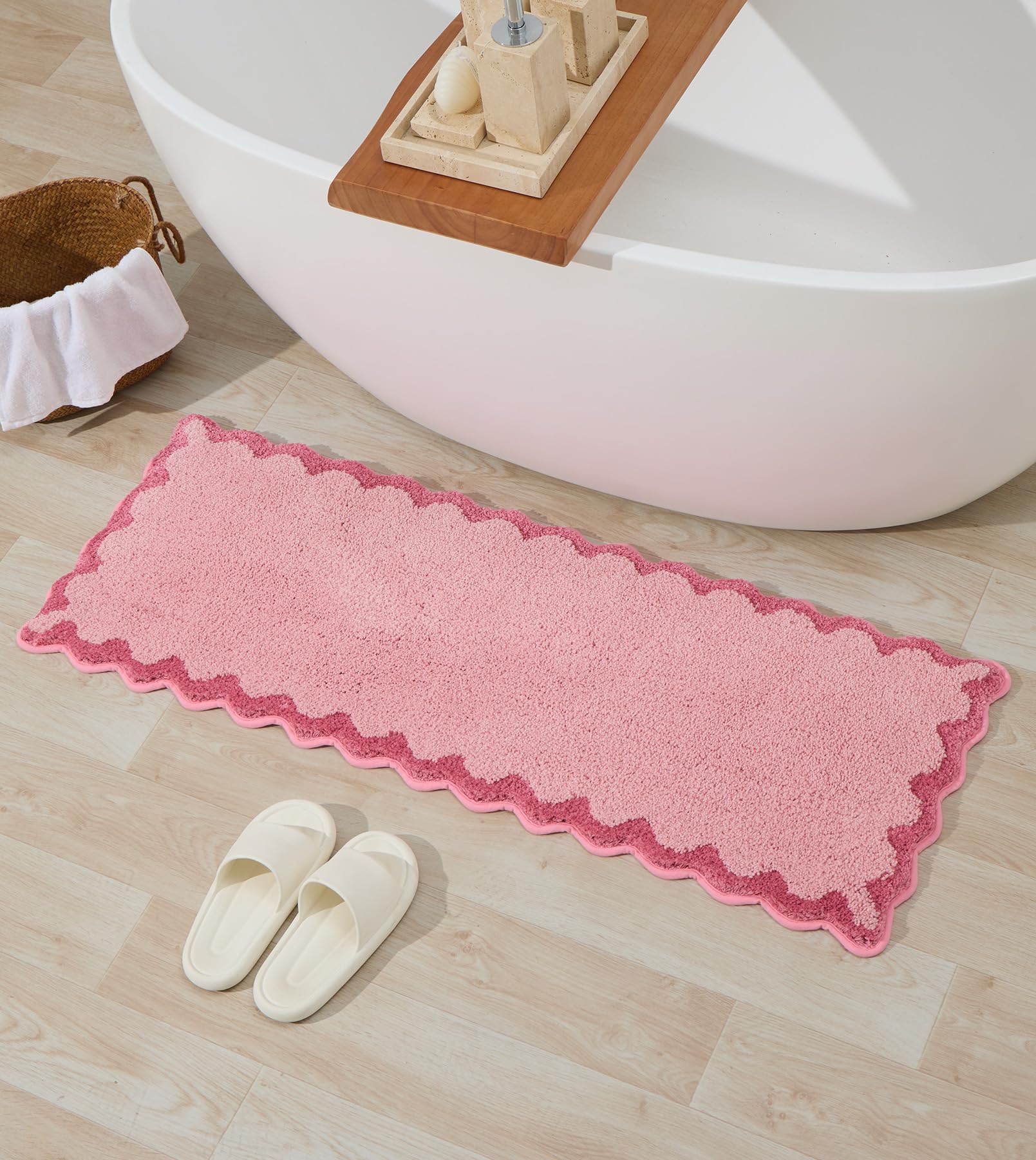 Ortigia Long Cute Scalloped Bathroom Rugs Runner, Fun Candy Pink Plush Microfiber Scallop Bath Mats Non Slip Washable Quick Dry
