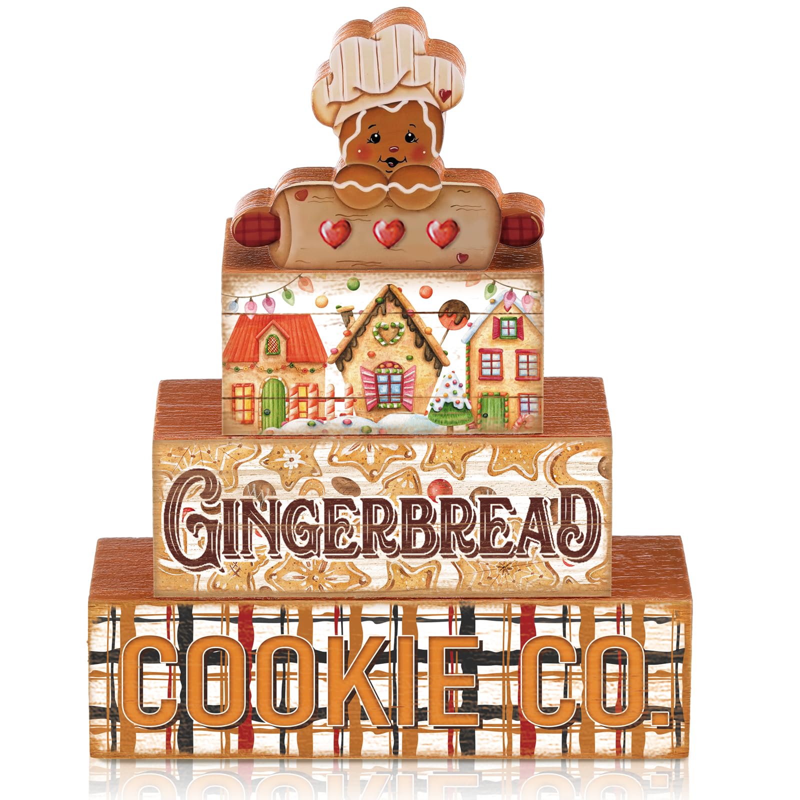 Moucuny 4 Pcs Christmas Gingerbread Man Table Sign Christmas Cookie Wooden Decorative Signage Xmas Tiered Tray Decor Winter Cent