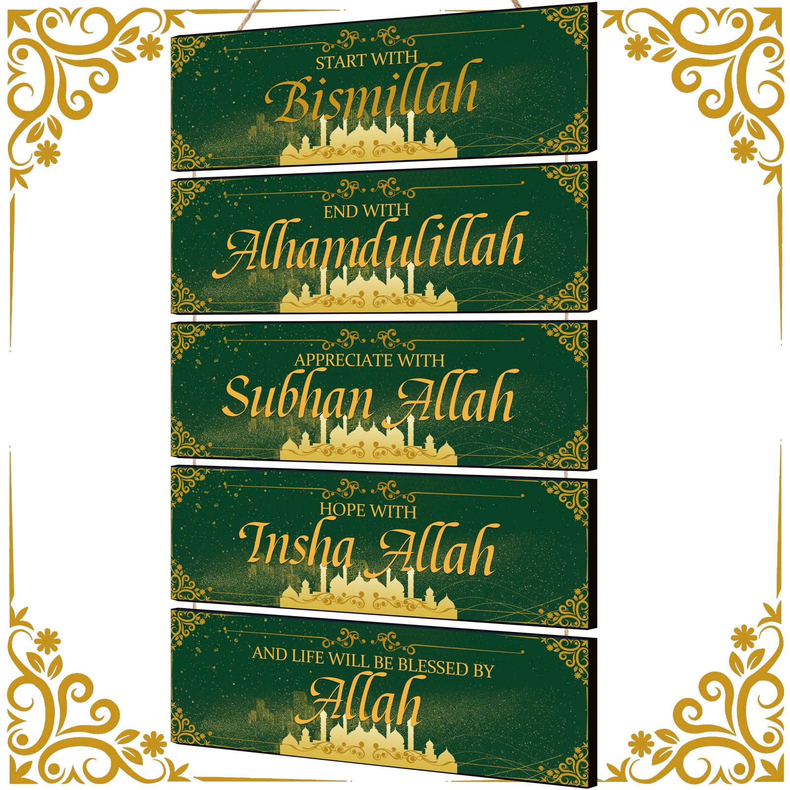 Gerrii Green Gold Wooden Islamic Wall Art Ramadan Decoration for Home Eid Al Adha Decor Start with Bismillah End with Allah Insp