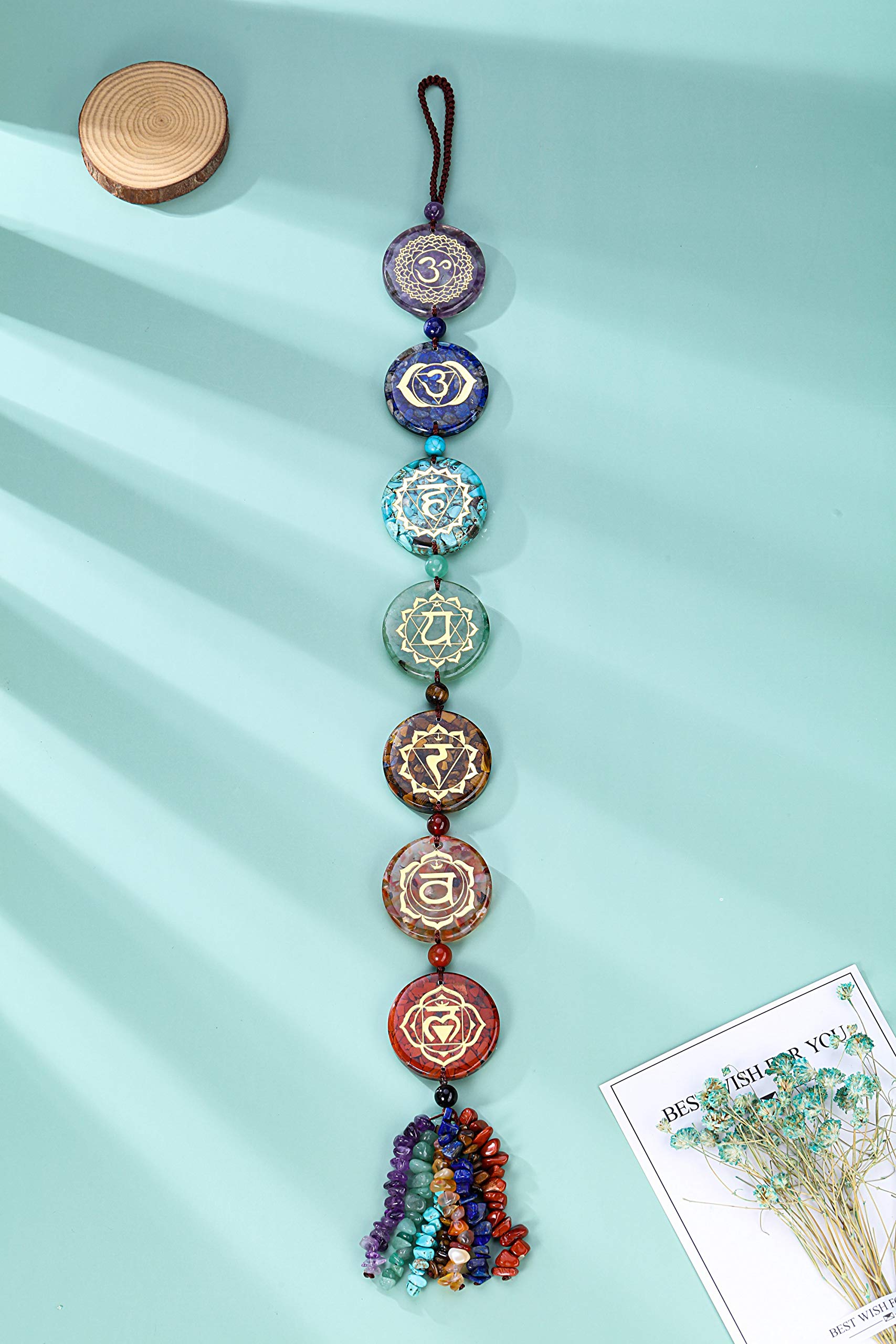 Top Plaza 7 Chakra Stones Hanging Ornament Chakra Symbols Healing Crystals Wall Decoration for Yoga Meditation