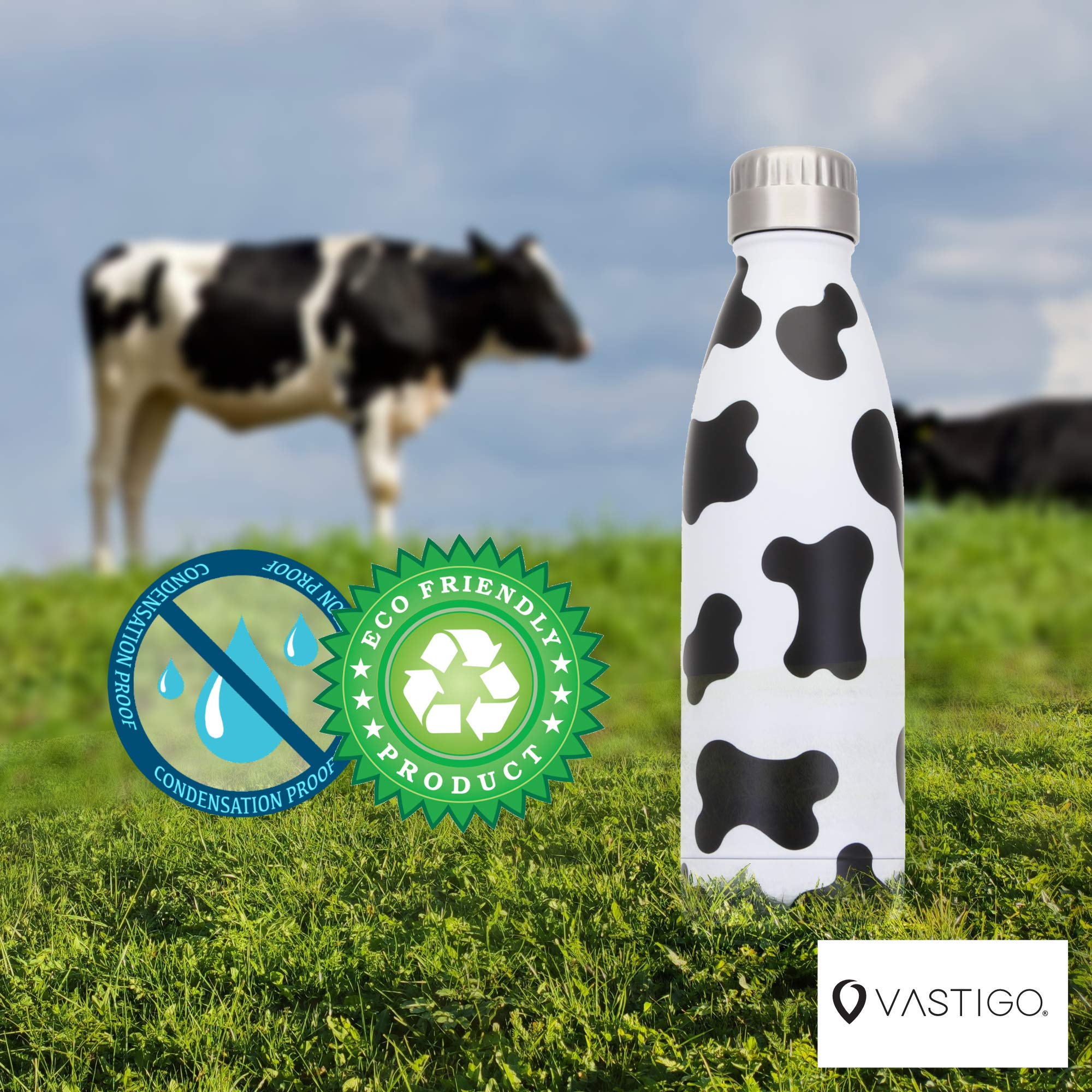 Vastigo Cow Print Sweat-Free Stainless Steel Reusable Water Bottle (17 Oz.) Vacuum Insulated Copper Insulated Double-Wall | Birt