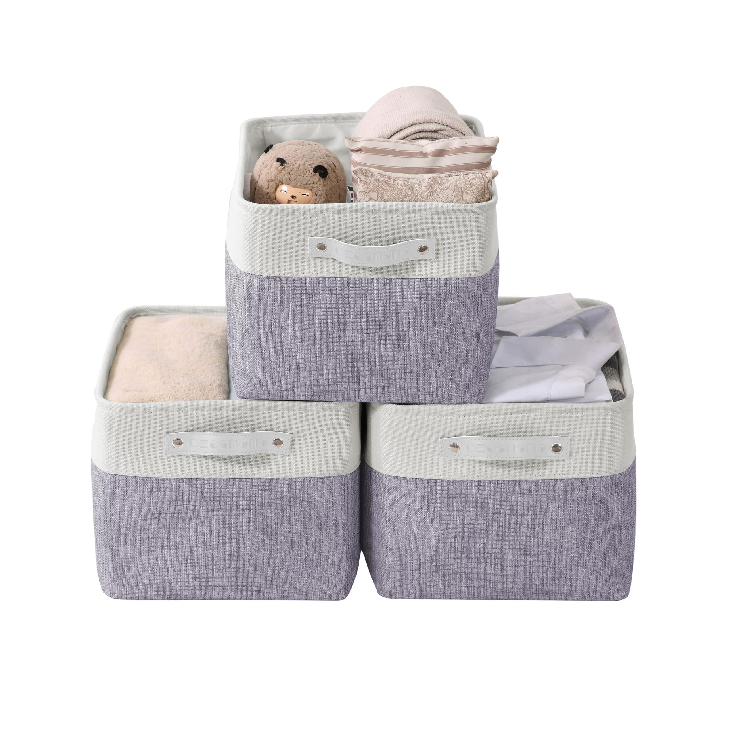 DECOMOMO Storage Baskets for Shelves - Fabric Storage Bins, Linen Closet Organizers and Storage (Purple & White, Large - 3 Pack)