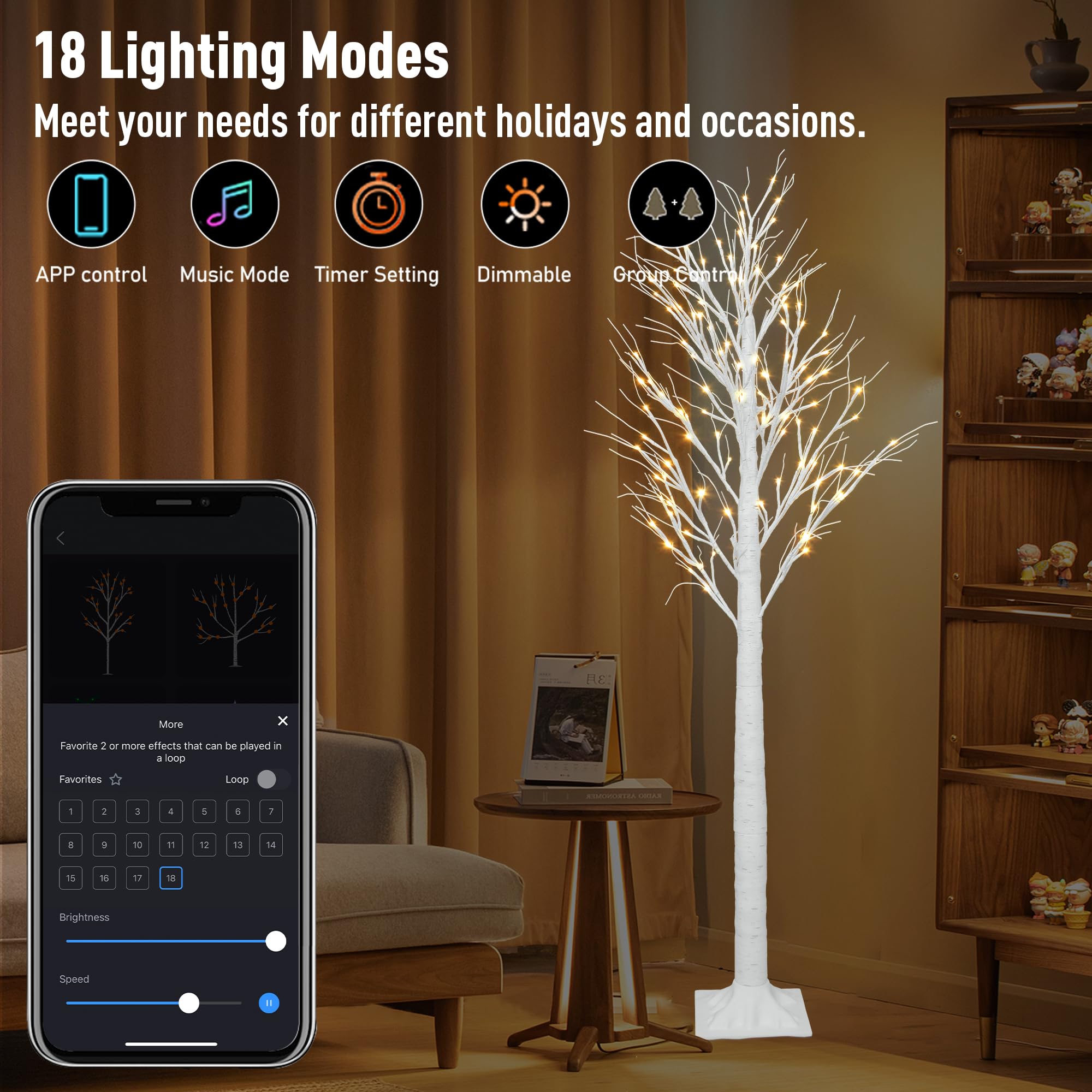 Smart Lighted Birch Twig Tree with Fairy Lights, APP Conrol, 6FT 120 Warm White LEDs, 18 Modes, Dimmable, Schedule, Music Sync W