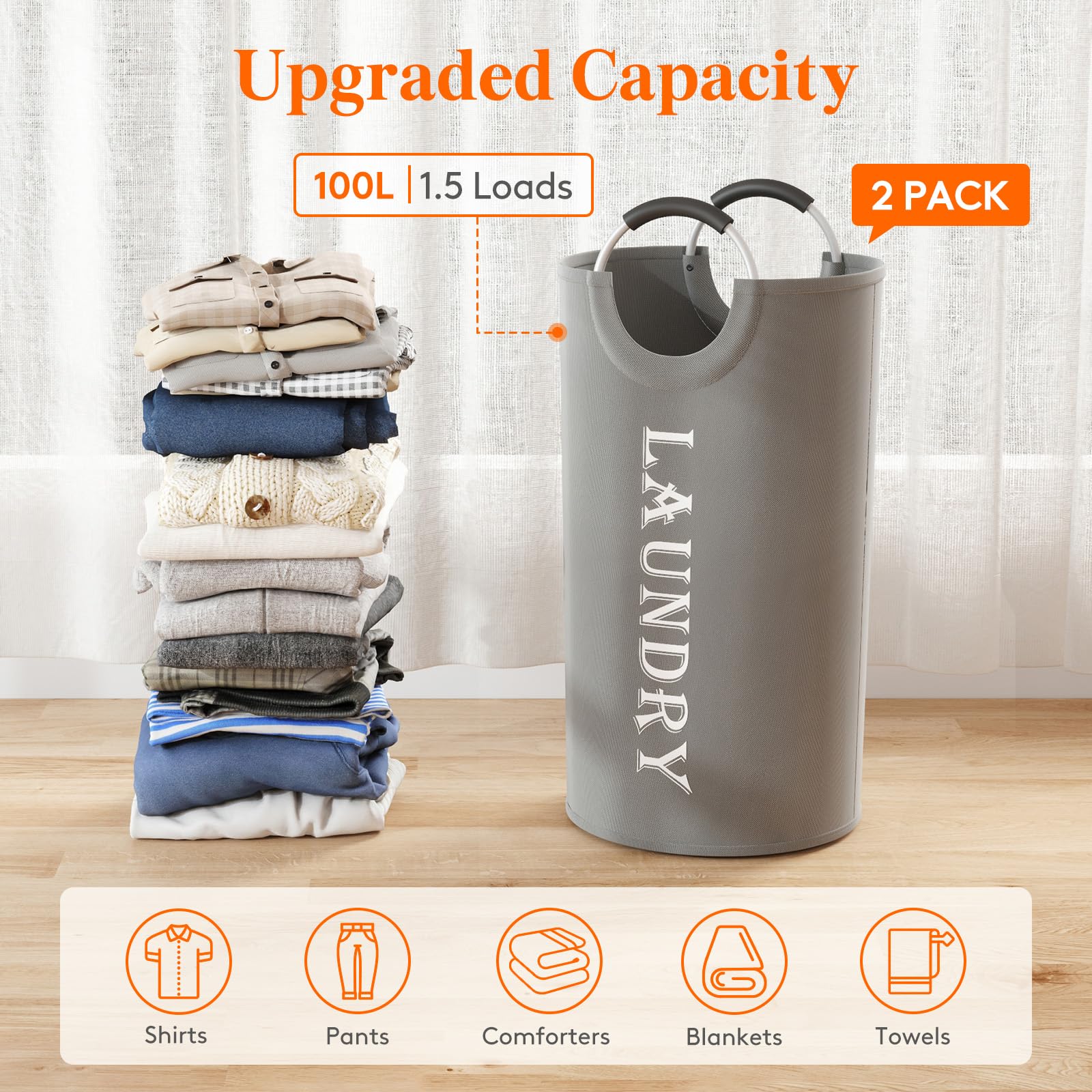 Lifewit 100L 2-Pack Large Laundry Basket, Collapsible Laundry Hamper With Aluminum Handles, Waterproof Freestanding Dirty Clothe