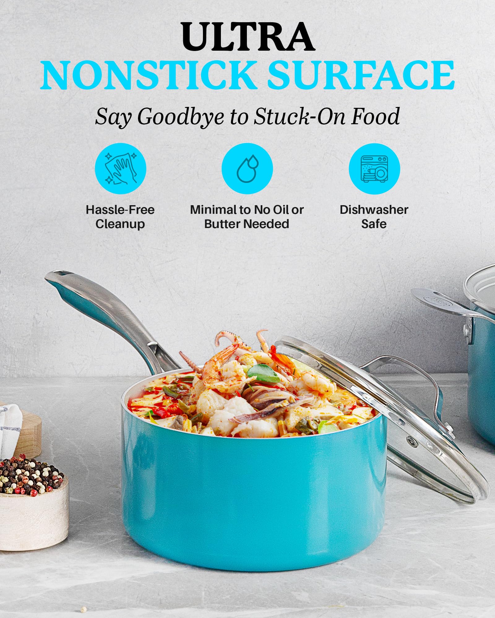 Gotham Steel Aqua Blue 3 Quart Saucepan With Lid, Ultra Nonstick Sauce Pan With Lid, Small Pot With Lid, Ceramic Nonstick Saucep