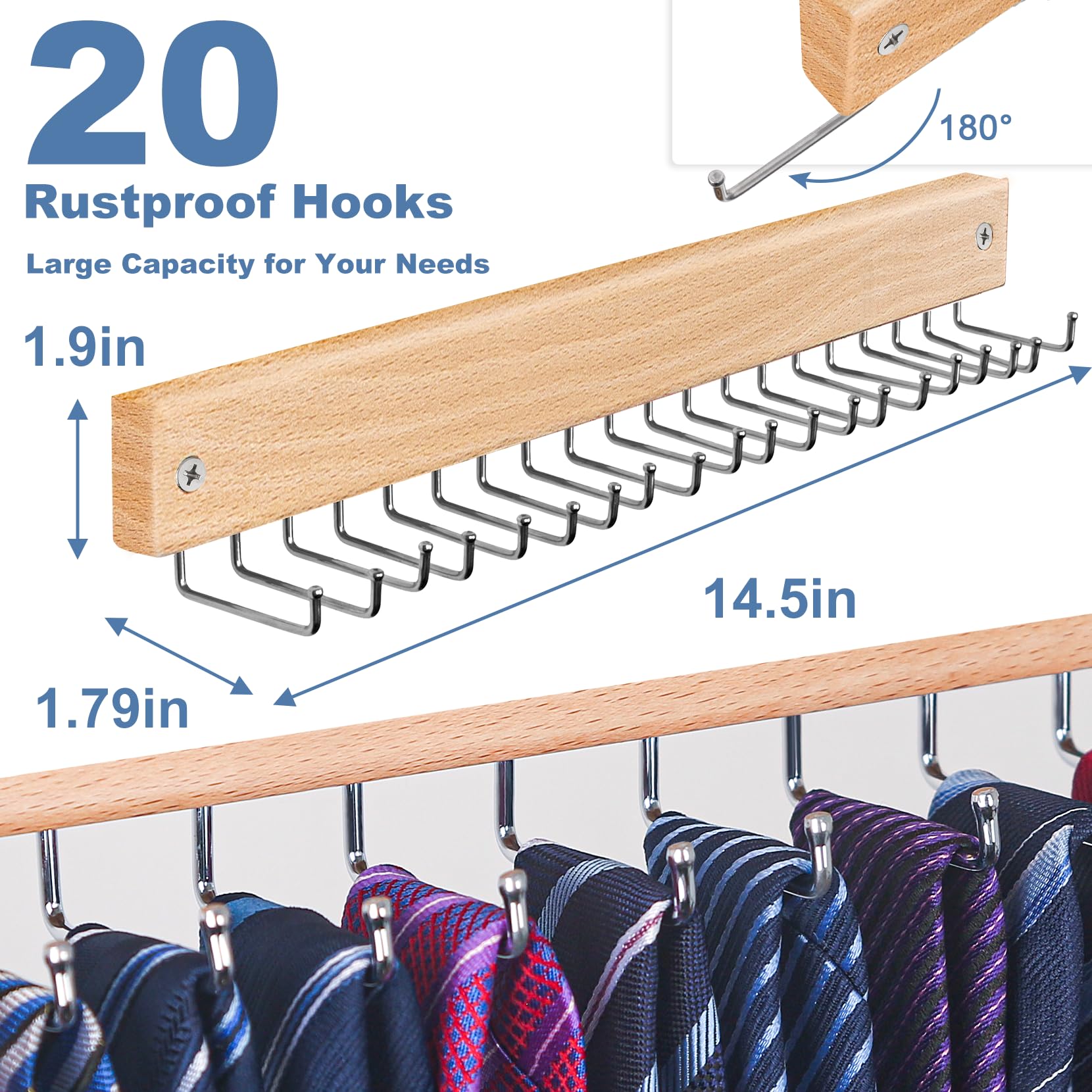 Tie Rack Wall Mounted, Natrual Wood Tie Organizer Holds 20 Ties/Belt/Purse, Tie And Belt Organizer W/ 360 Roatable Hooks,Screw N