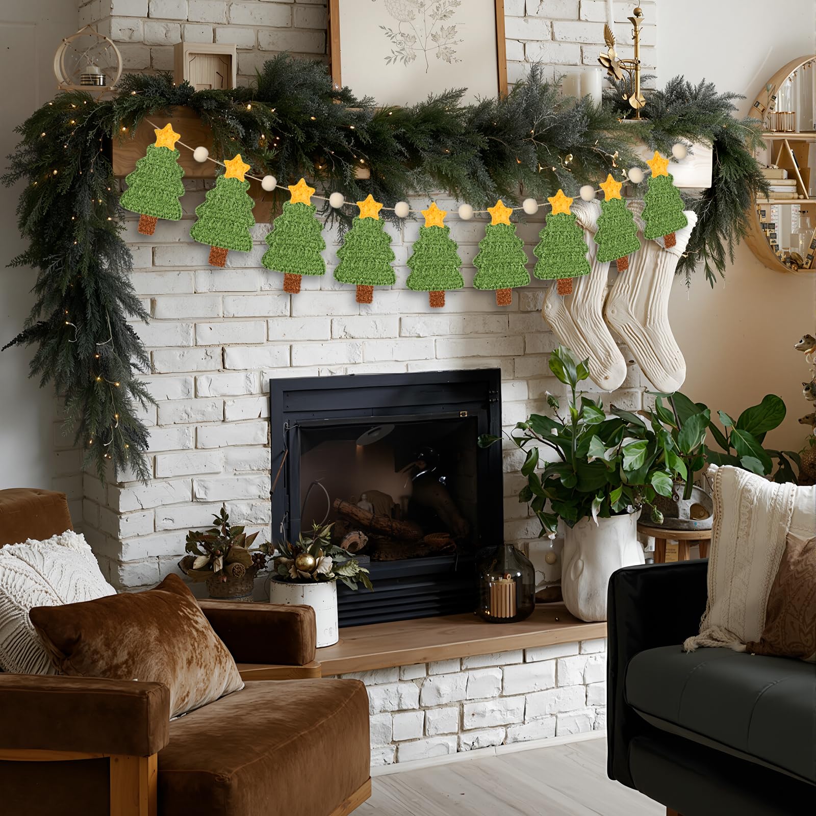 Tudomro Crochet Christmas Tree Garland 6.56 ft Rustic Handmade Xmas Banner Christmas Tree Wooden Beads Farmhouse Hanging Decor f