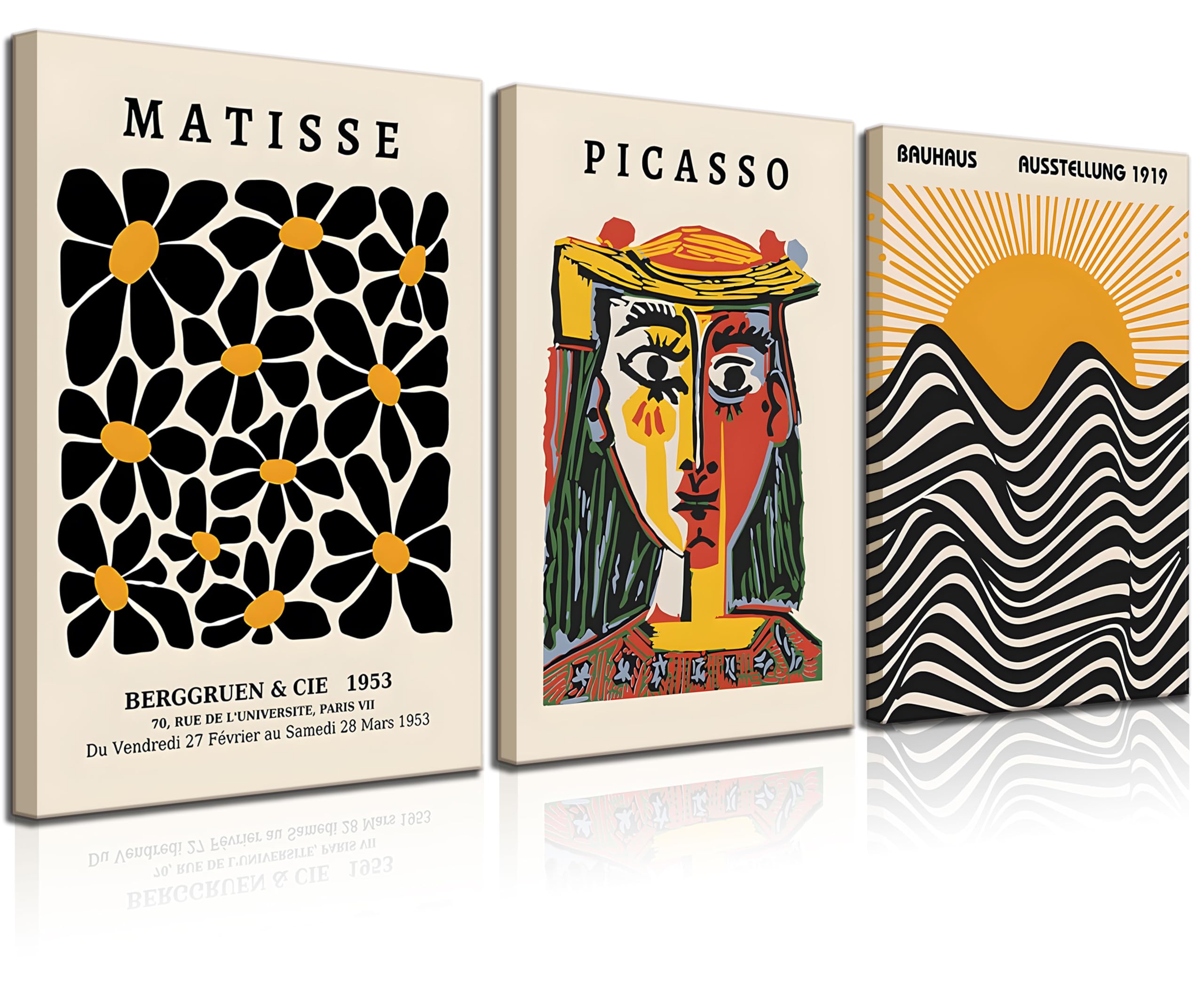3 Pack Framed Gallery Wall Art Picasso Matisse Bauhaus Set Canvas Prints Abstract Paintings Posters Orange Black Modern Minimali