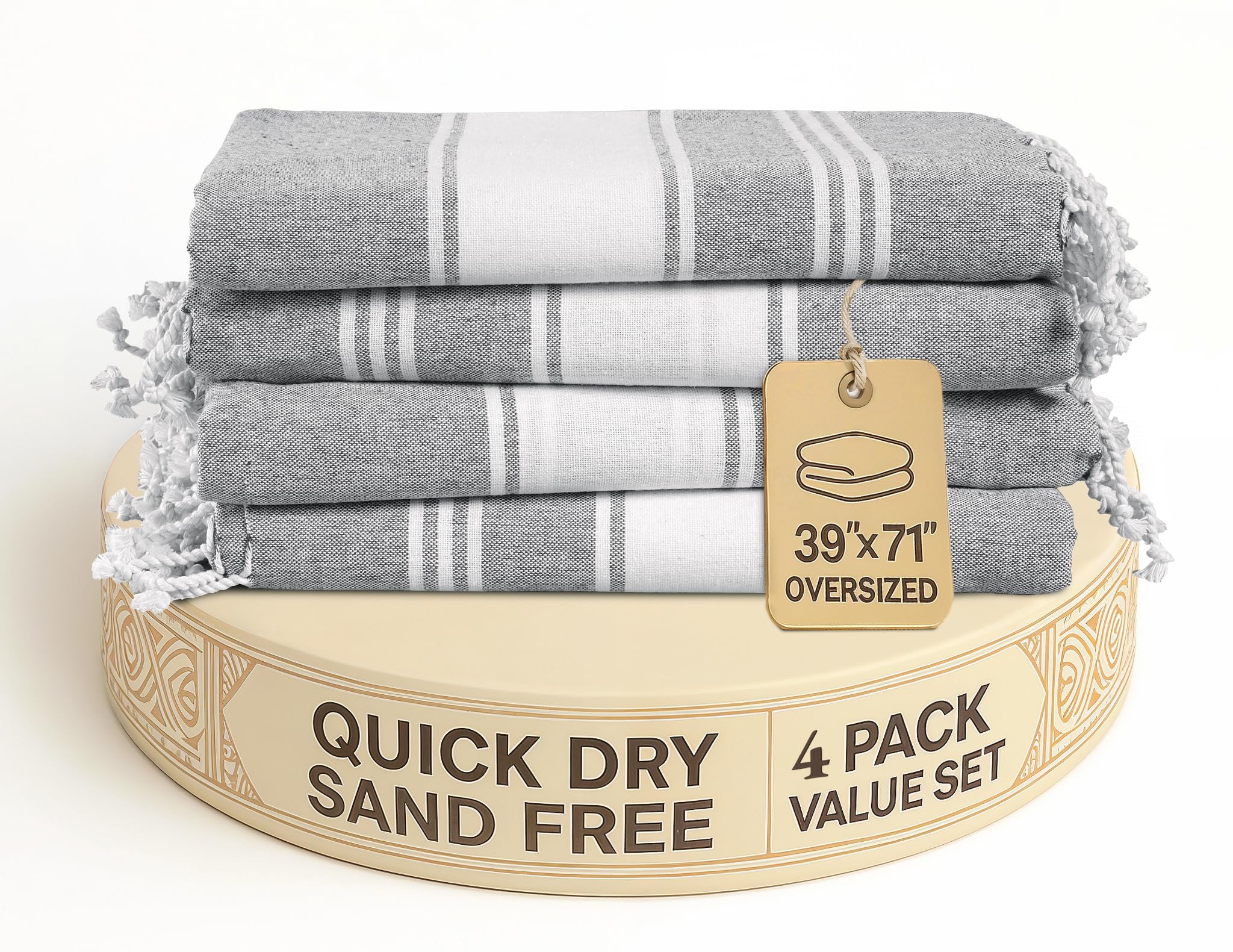 LANE LINEN Turkish Beach Towels Set of 4 - Oversized Beach Towel 39x71, Durable Sand Proof Towel, Absorbent & Quick Dry, Perfect
