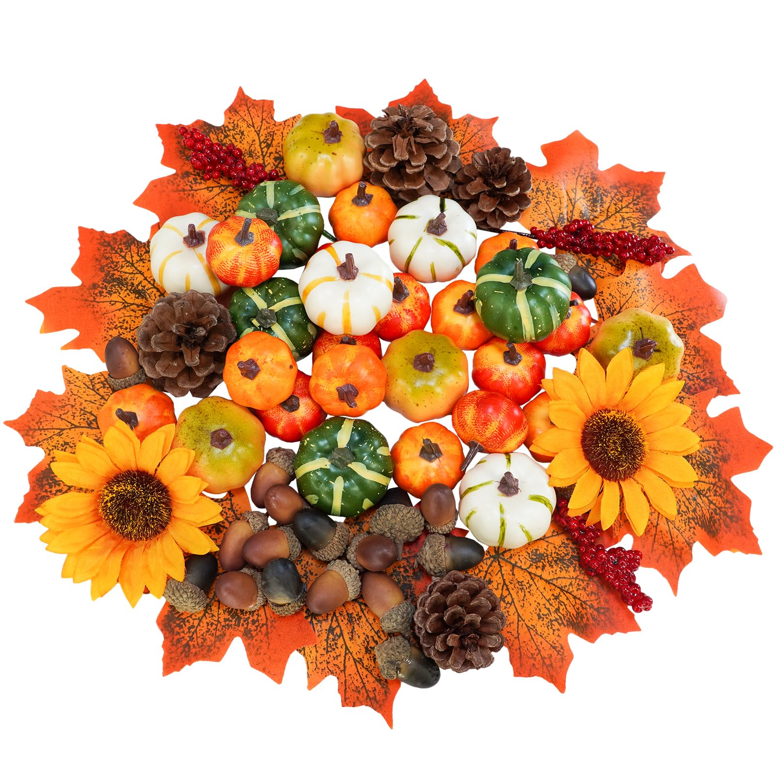 68 Pcs Assorted Mini Artificial Pumpkins with Maple Leaves Pinecones Acorns Sunflowers Berries Fall Decorating Kit for Fall Wedd