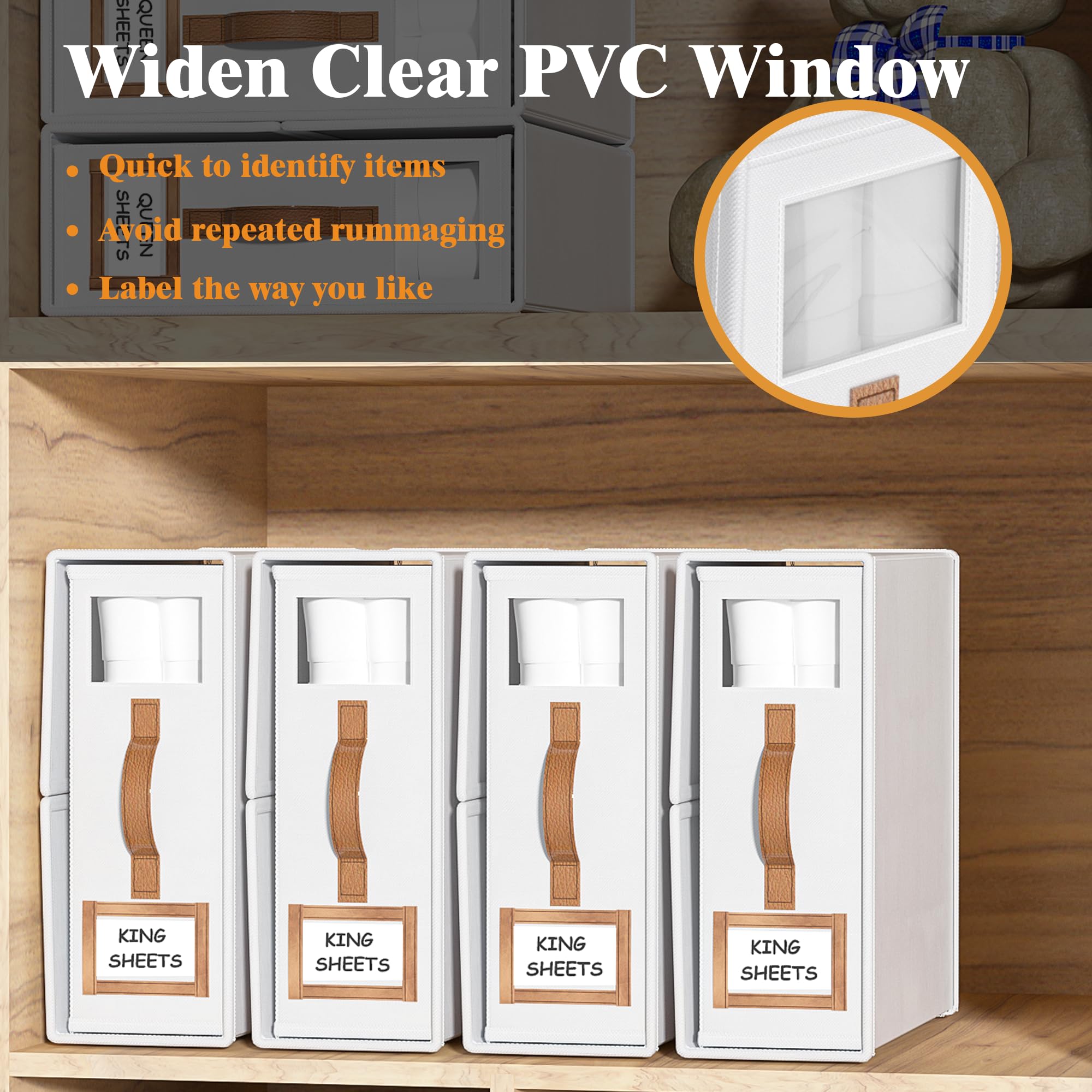 BigPonPon 3-Pack Foldable Bed Sheets Set Organizers and Storage(King & Queen Size),Linen Fabric Closet Organizers with Leather H