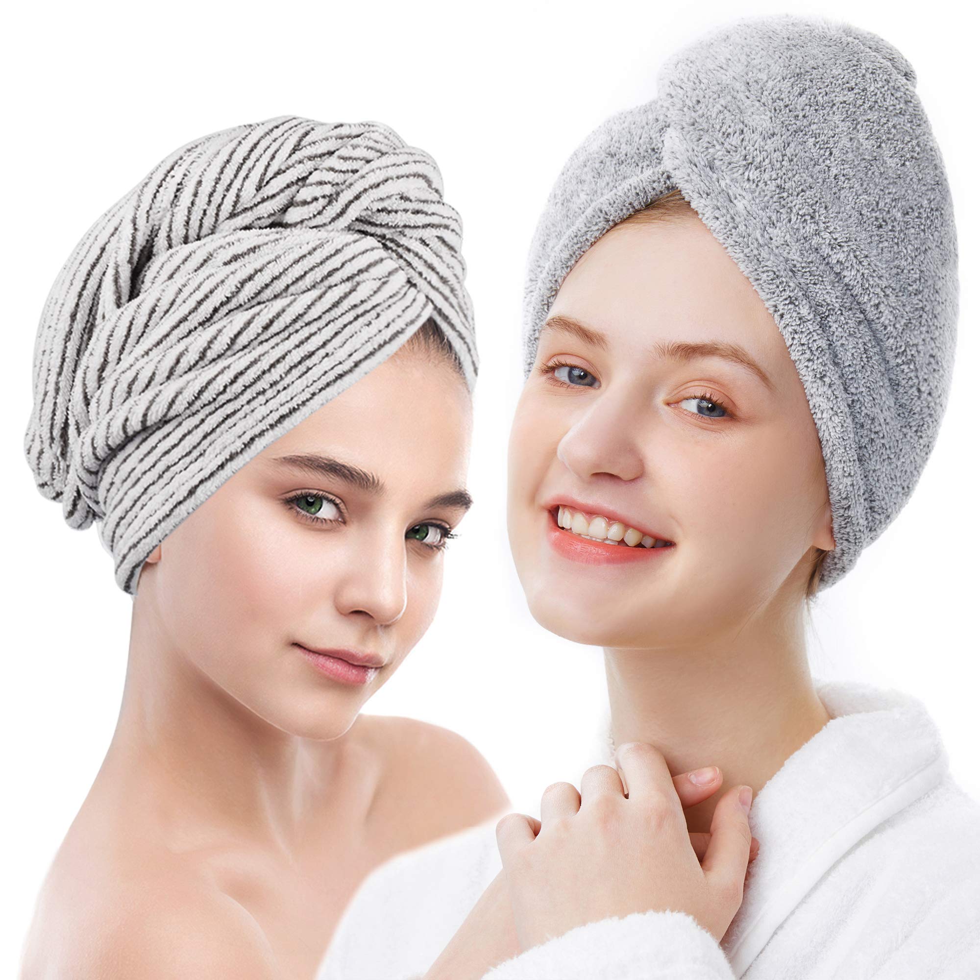 ELLEWIN Bamboo Hair Towel Wrap 2 Pack, Microfiber Hair Drying Shower Turban with Buttons,Super Absorbent Quick Dry Hair Towels f
