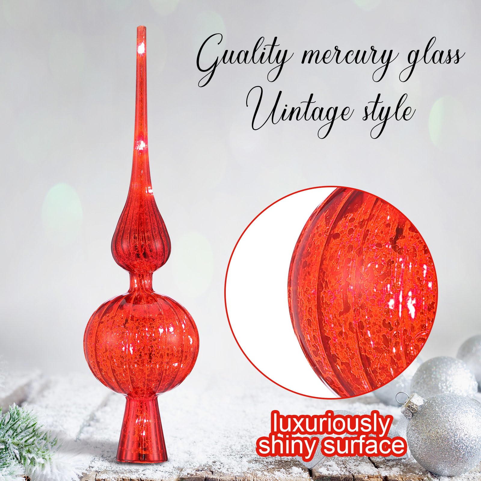 Gejoy Mercury Glass Finial Christmas Tree Topper 12 Inches Vintage Spherical Xmas Tree Topper Mid Century Christmas Ornament for