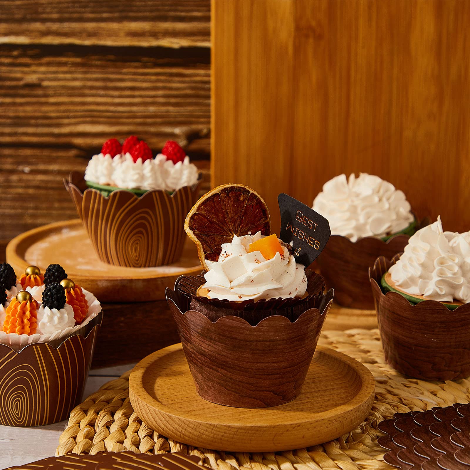 60 Pieces Wood Grain Cupcake Wrappers For Woodland Animal Baby Shower Decorations, Cup Cake Wraps For Outdoor Camp Party Rustic