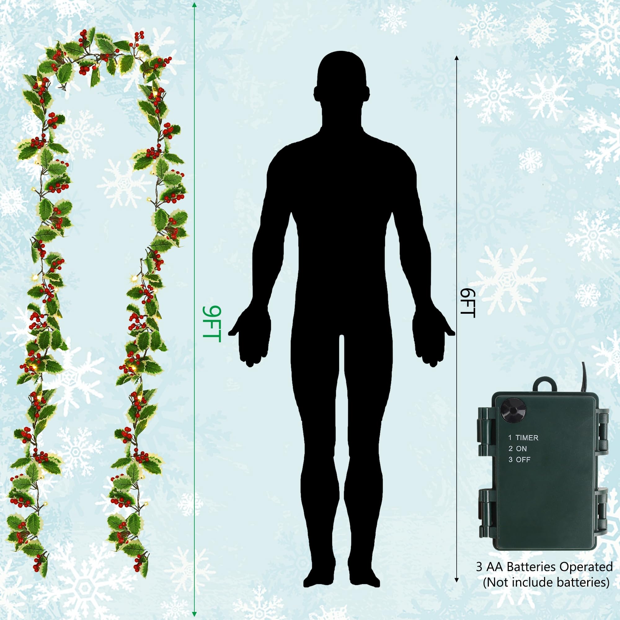 Juegoal Christmas Garland, 9FT Pre-lit Red Berries & Holly Leaves Garlands, Artificial Lighted Berry Garland Battery Operated wi