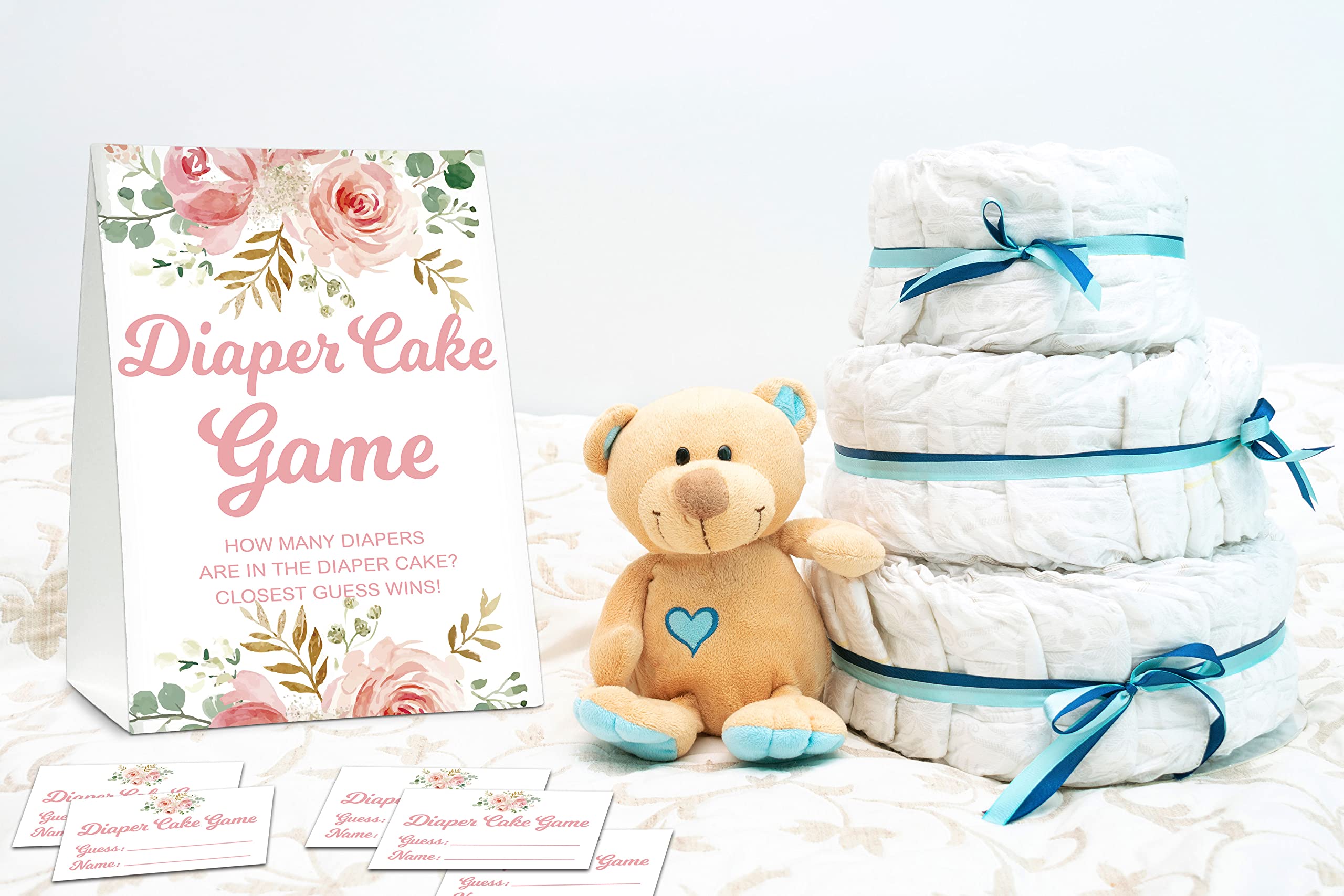 Baby Shower Game Set, Diaper Cake Games(1 Standing Sign + 50 Guessing Cards), Floral Guess How Many Diapers Party Game, Blush Pi