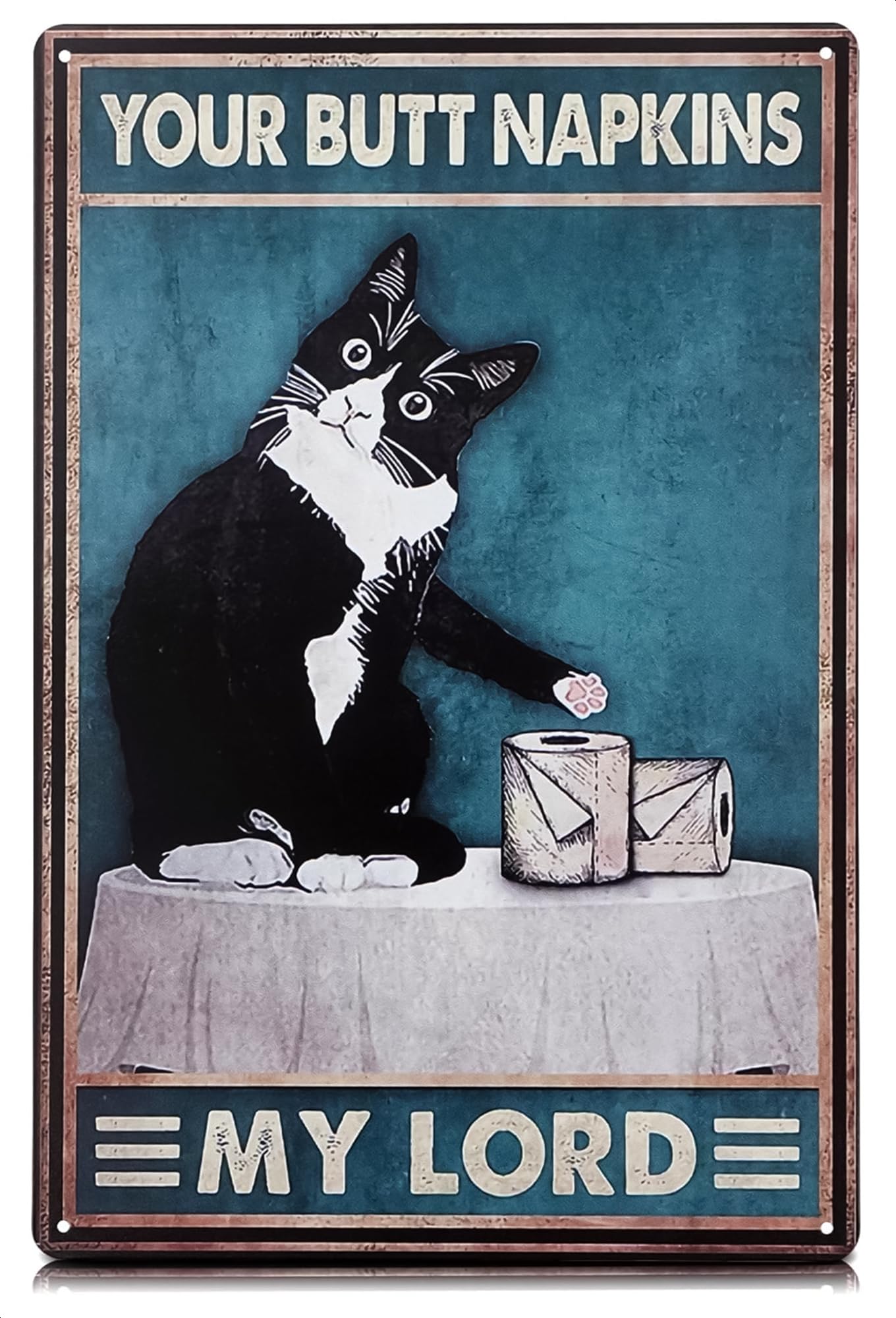 Funny Cat Bathroom Sign - Your Napkin My Lord    12 x 8 inch Tin Sign, Rustic Black Cat Wall Decor for Home, Farmhouse Bathroom 