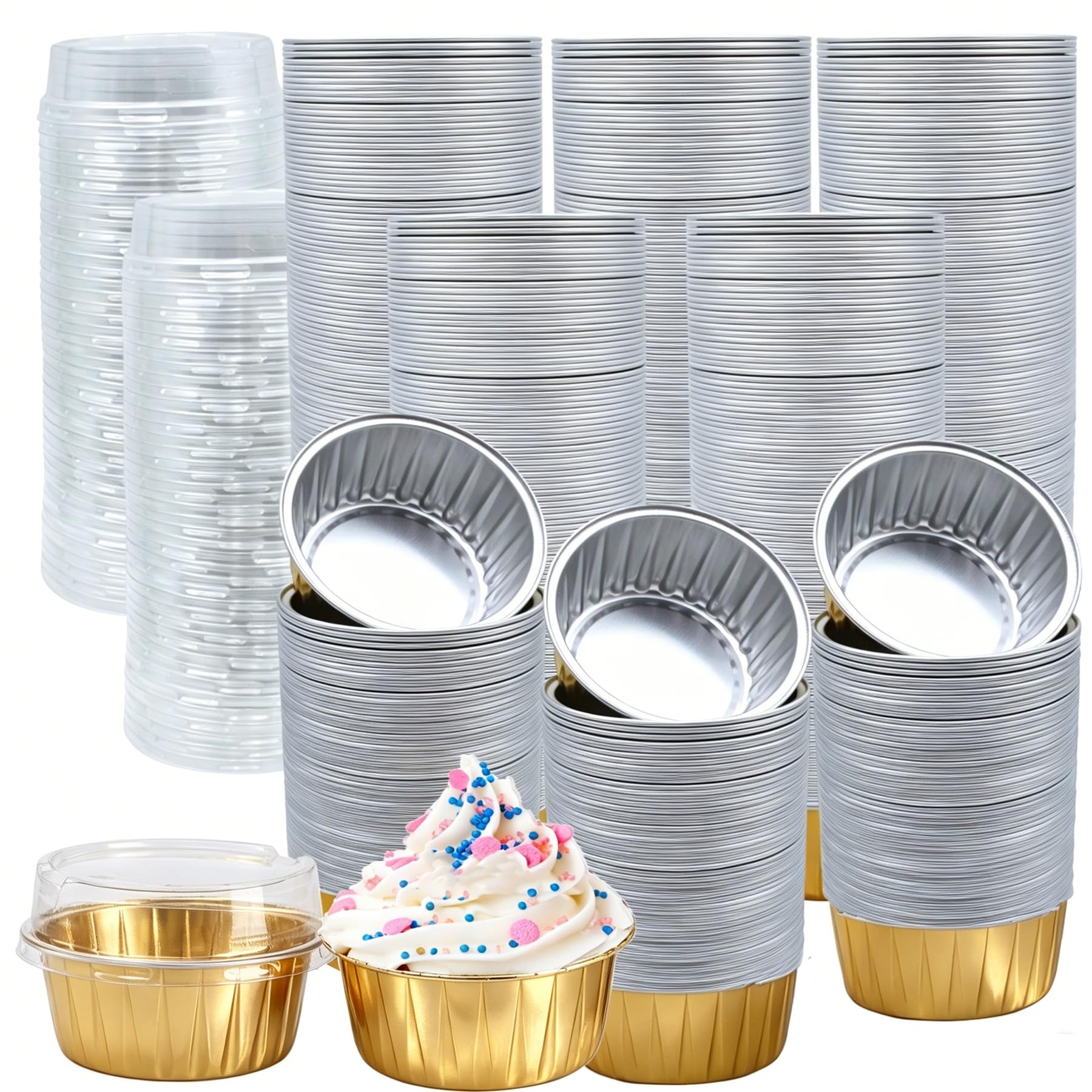 150 Pack Disposable Ramekins with Clear Lid, Golden Mini Cupcake Tins